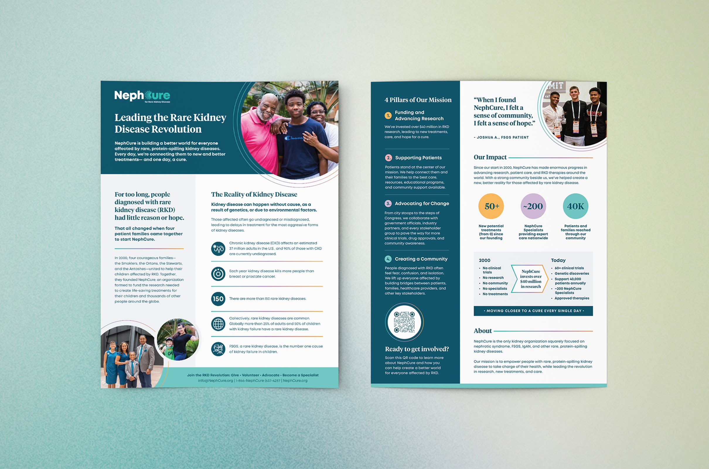 NephCure-BrandAlliance-Flyer Two-page brochure about Nephure, leading a rare kidney disease revolution. Features mission pillars, patient quotes, impact stats, and photos of diverse people smiling. Background is light gradient with teal accents.