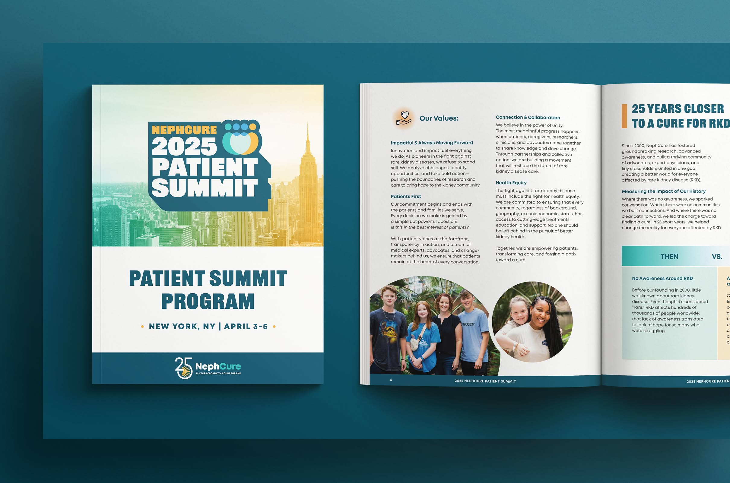 NephCure-BrandAlliance-Program Program book cover showing "NephCure 2025 Patient Summit" with New York City skyline. Open page highlights values and a milestone with diverse group photos.
