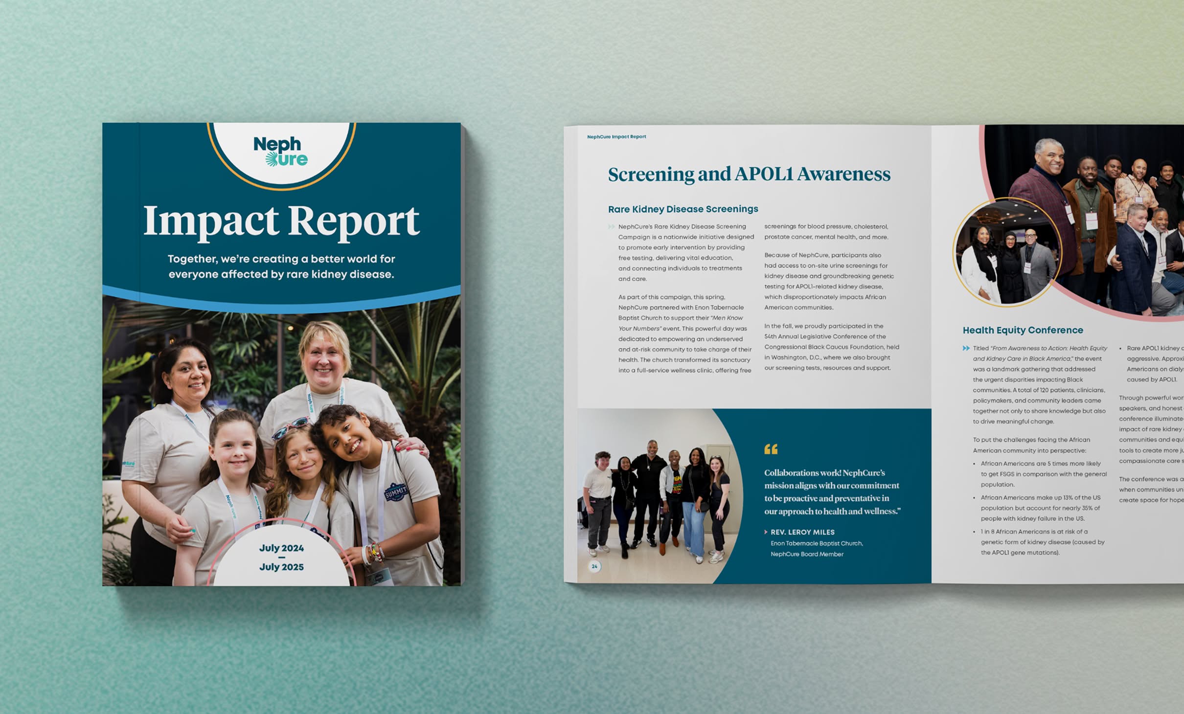 NephCure-BrandAlliance-Report NephCure Impact Report cover and inside spread. Cover shows smiling group of diverse individuals, including children, with text about kidney disease. Inside features text on screening and awareness, photos of people at a conference, evoking a collaborative and hopeful tone.