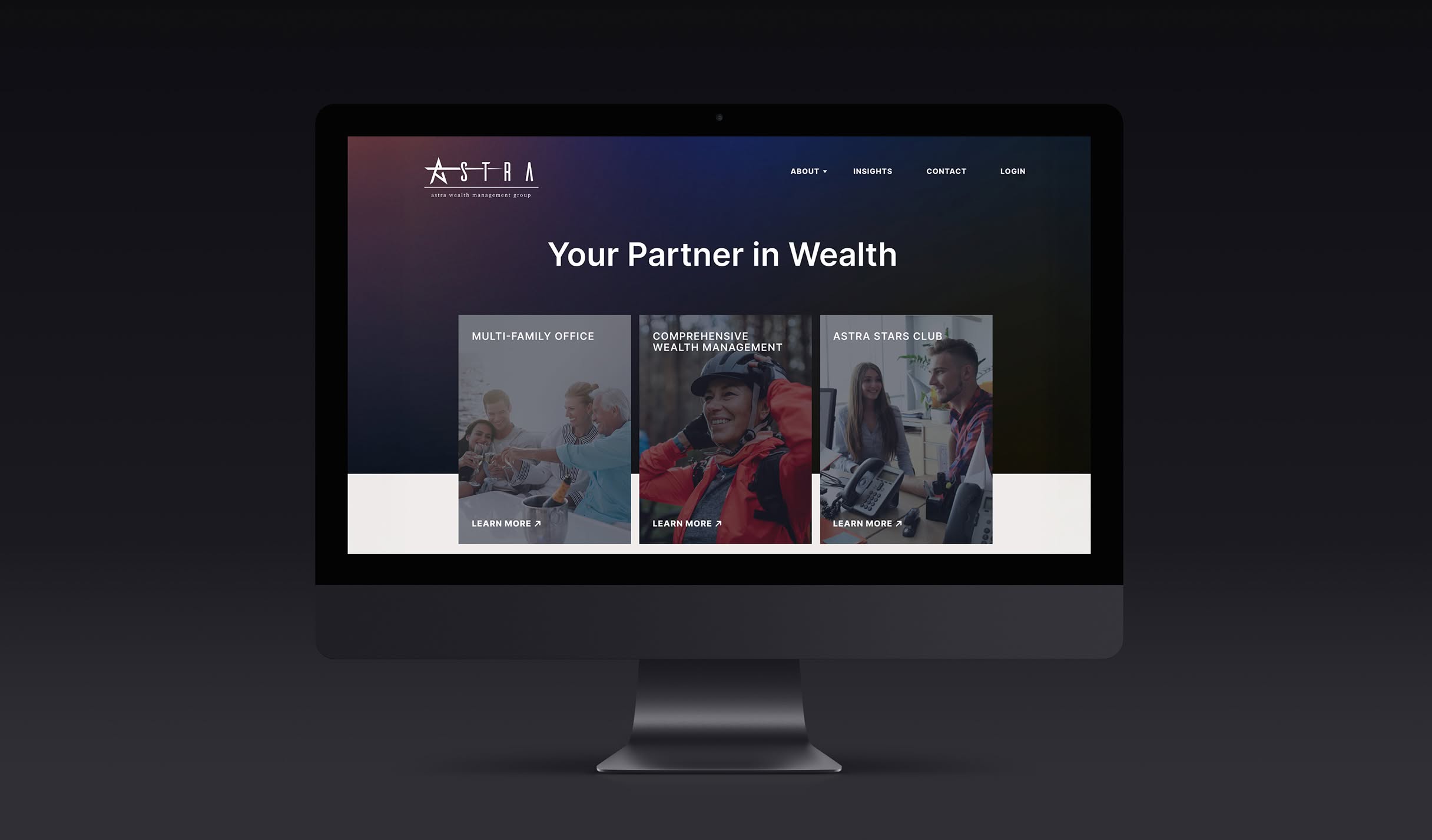 Astra-Hero A computer screen displays the Astra Wealth Management website with the title "Your Partner in Wealth." It features images of people engaged in discussions, each with a "Learn More" link.