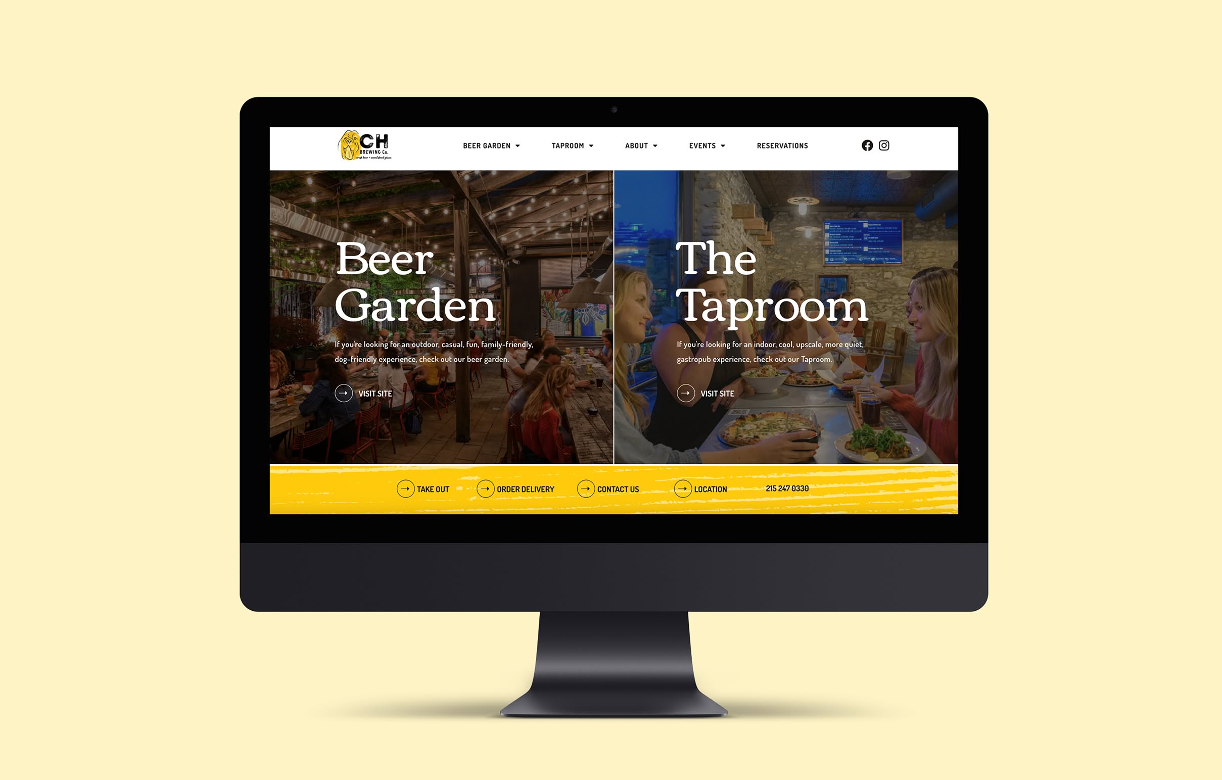 A computer monitor displays the Chestnut Hill Brewing Company homepage featuring two side-by-side sections: "Beer Garden" with a wooden interior and "The Taproom" with people dining. The tone is inviting.