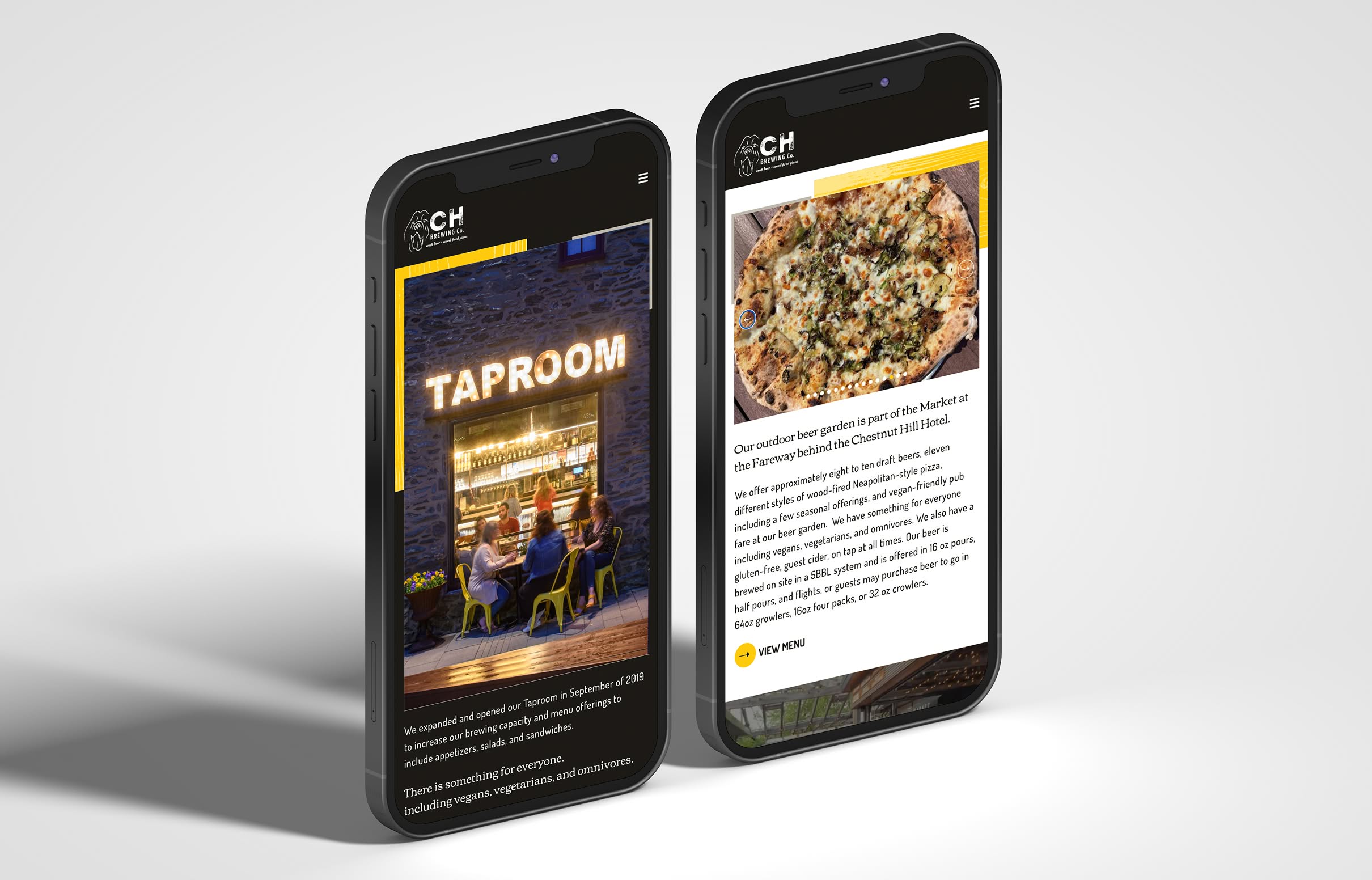 Two smartphones display sections of the Chestnut Hill Brewing Company website. The left screen shows a cozy outdoor taproom scene with warm lighting. The right screen displays a delicious-looking pizza.