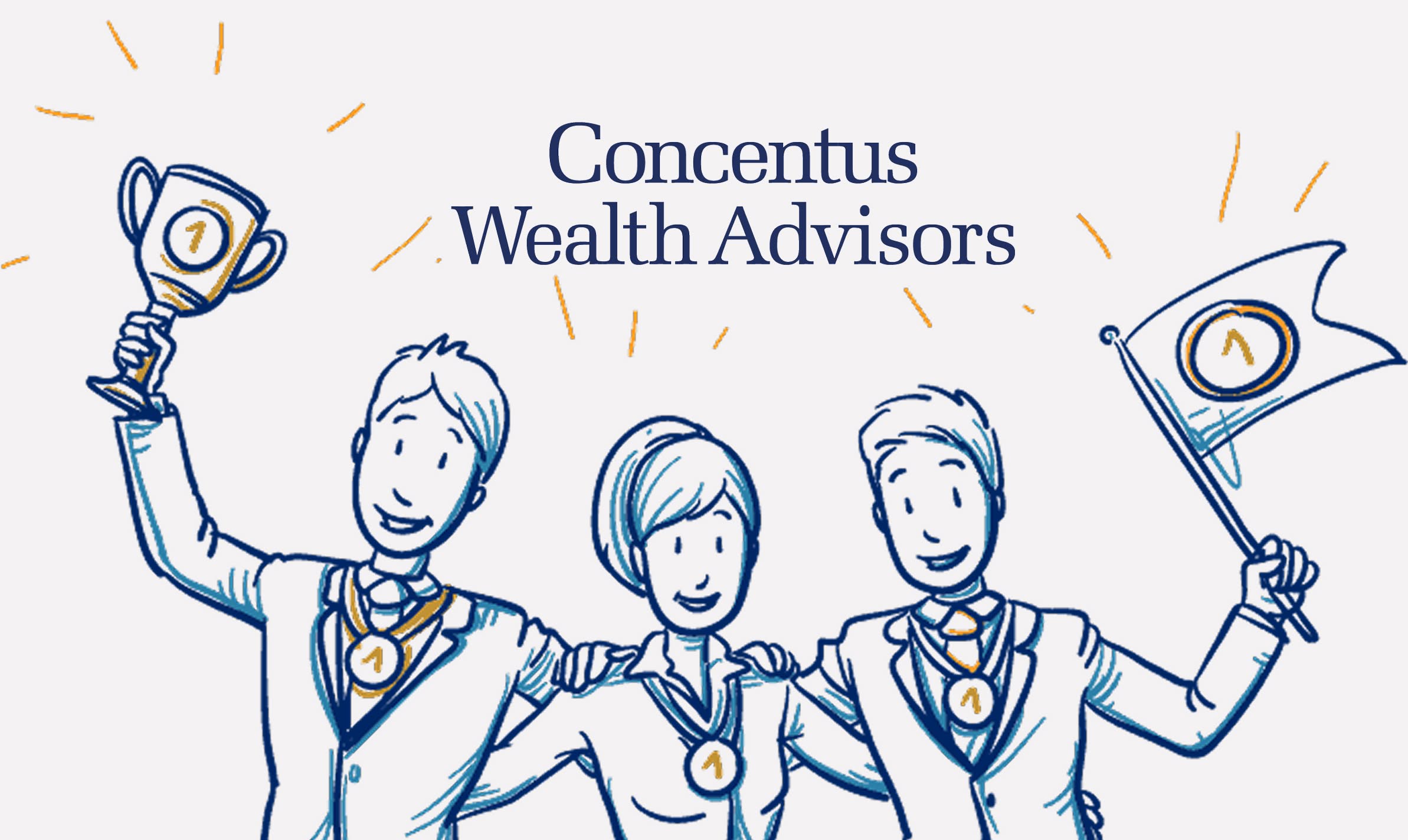 Concentus-Hero Three illustrated figures in suits celebrate under the text "Concentus Wealth Advisors." One holds a trophy, another a flag. The mood is triumphant and joyful.