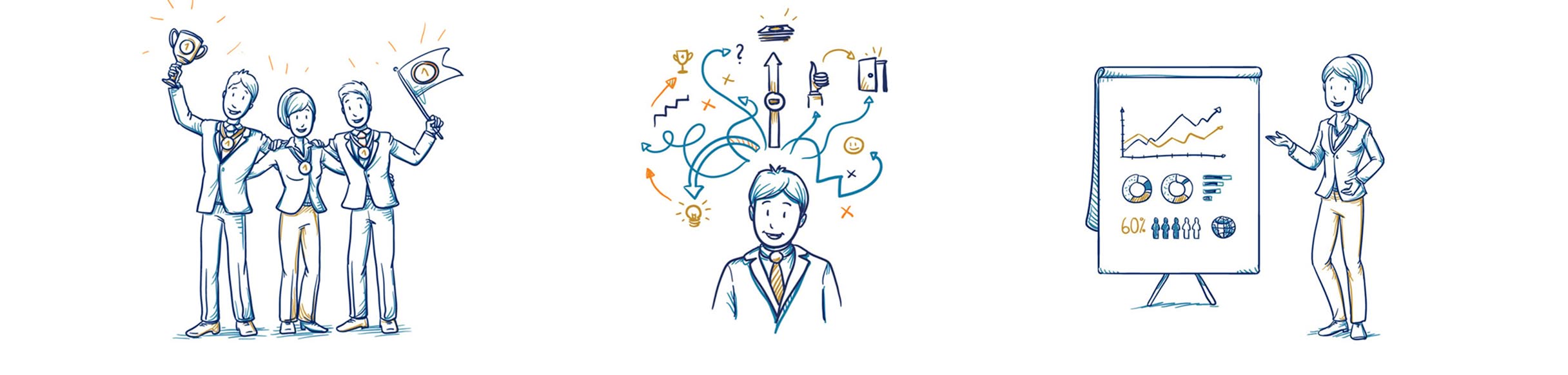 Concentus-Illustrations Illustration trio: Celebrating team holding trophies, person with swirling ideas and icons symbolizing innovation, and professional presenting charts confidently.