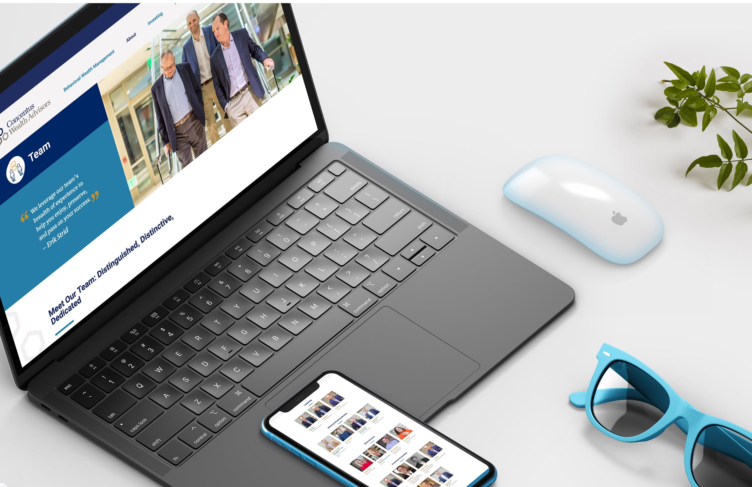 Concentus-Laptop A sleek workspace with a laptop and smartphone displaying the Concentus Wealth Advisor website. A white mouse, blue sunglasses, and green plant add vibrant accents.