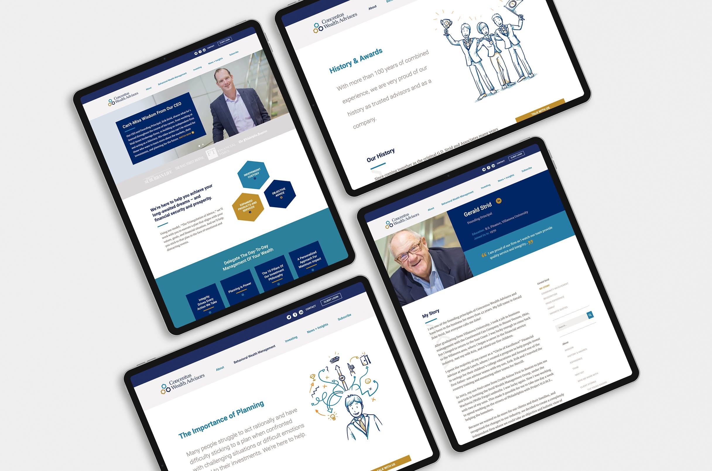 Concentus-iPad-2 Four tablet screens showcase different pages from the Concentus Wealth Advisors website with sections on history, planning, and a personal story, featuring hexagonal graphics and illustrations.