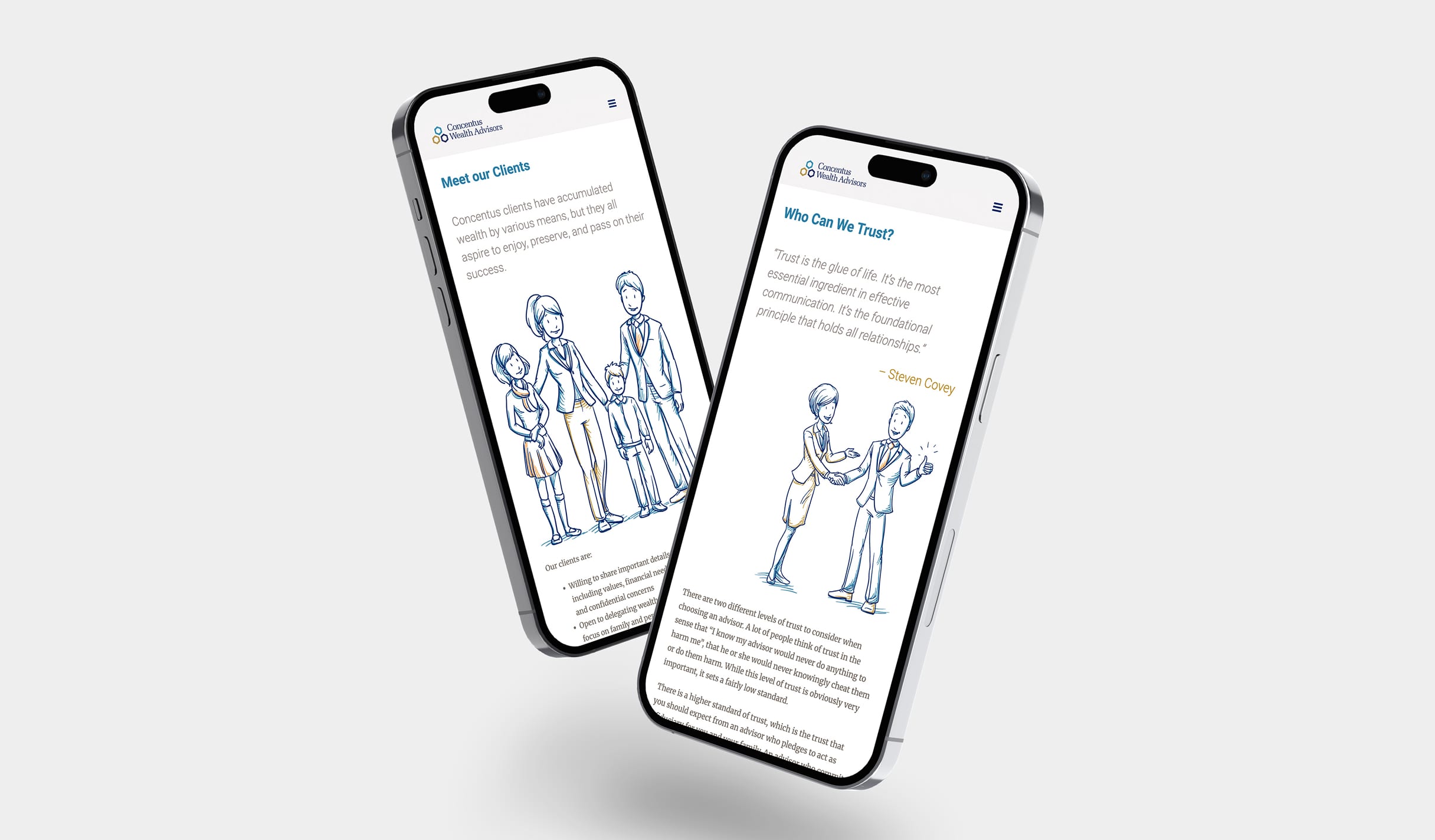 Concentus-iPhone-2 Two smartphones display sketched family and handshake illustrations. The screen text discusses client trust. The tone is professional and informative.