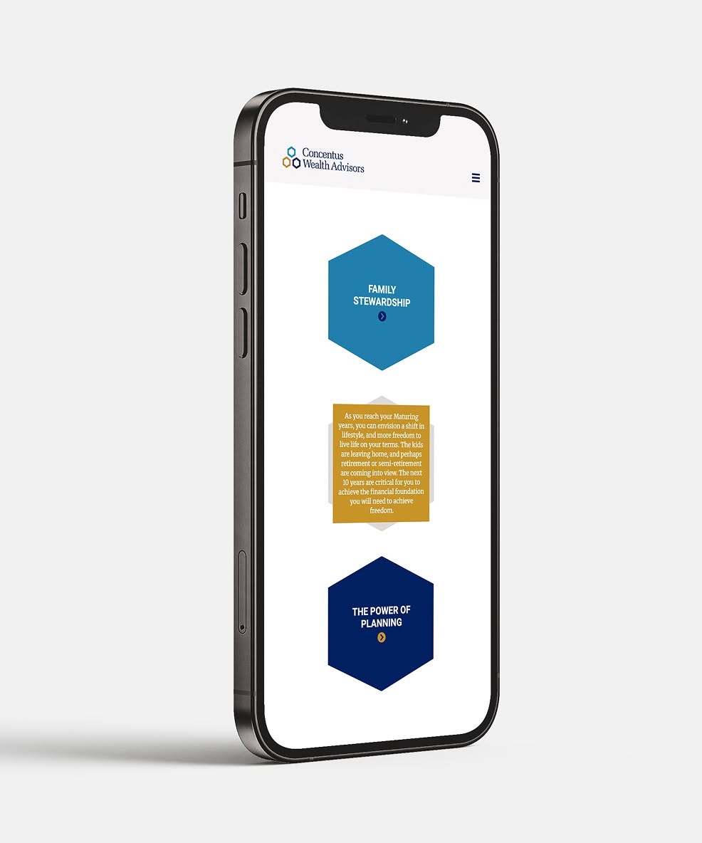 Concentus-iphone-1 A smartphone screen displays a website with hexagonal icons labeled "Family Stewardship" and "The Power of Planning." The tone is professional.