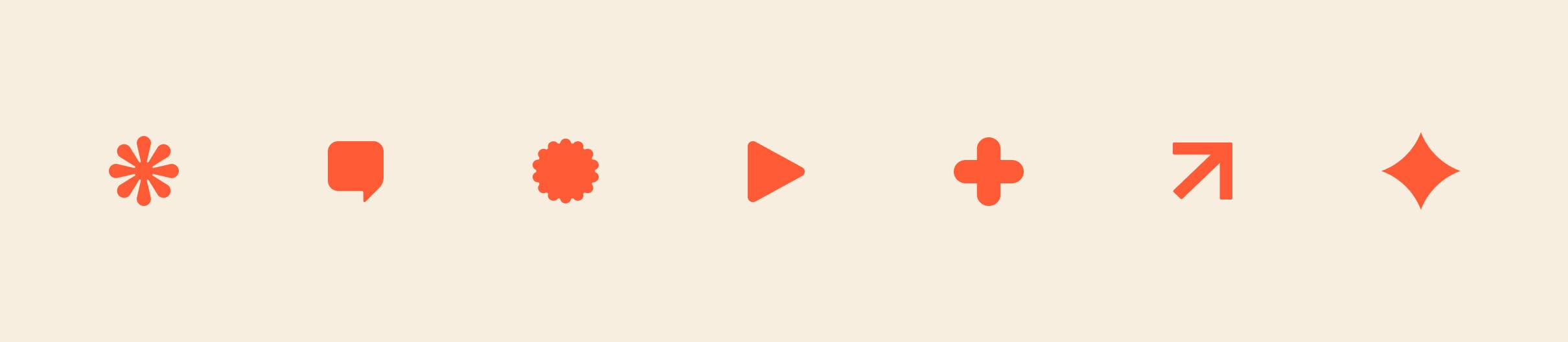 Orange icons on a beige background: a flower, chat bubble, gear, play button, plus sign, arrow, and diamond. Minimalist and modern style.