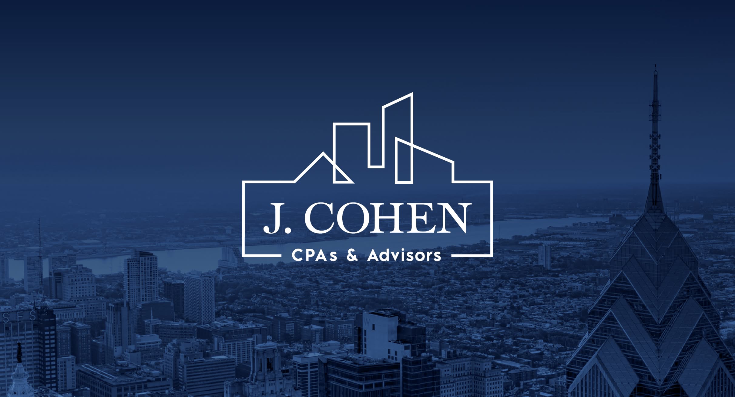JCohen-Hero The image features a logo for "J. Cohen CPAs & Advisors" over a stylized cityscape. The tone is professional and corporate, using a blue color scheme.