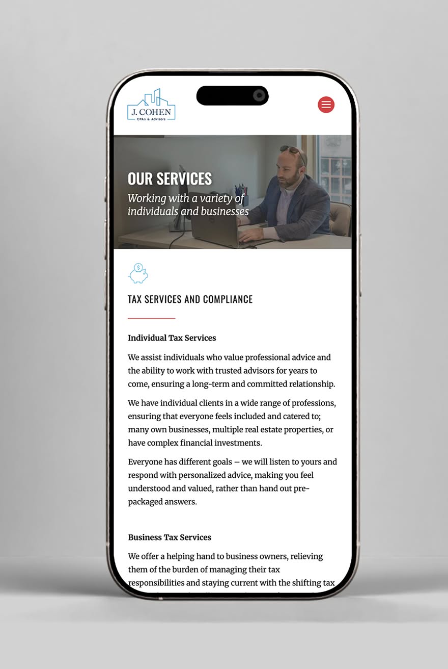 JCohen-Mobile Mockup of a smartphone displaying the J. Cohen website. The header shows a man in an office, and text below describes tax services offered.