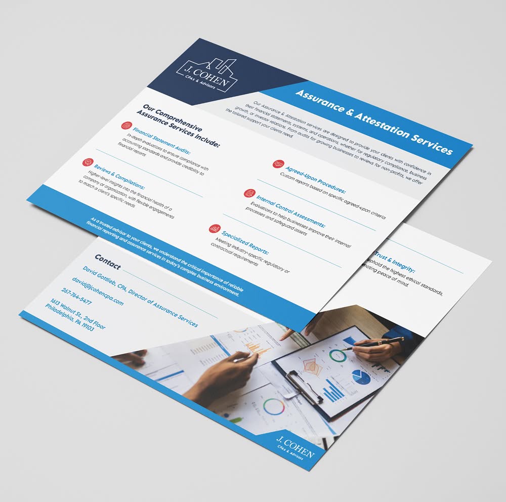 JCohen-OnePager Flyer for J. Cohen CPA firm detailing assurance and attestation services. Includes list of services, contact info, and image of hands reviewing charts.