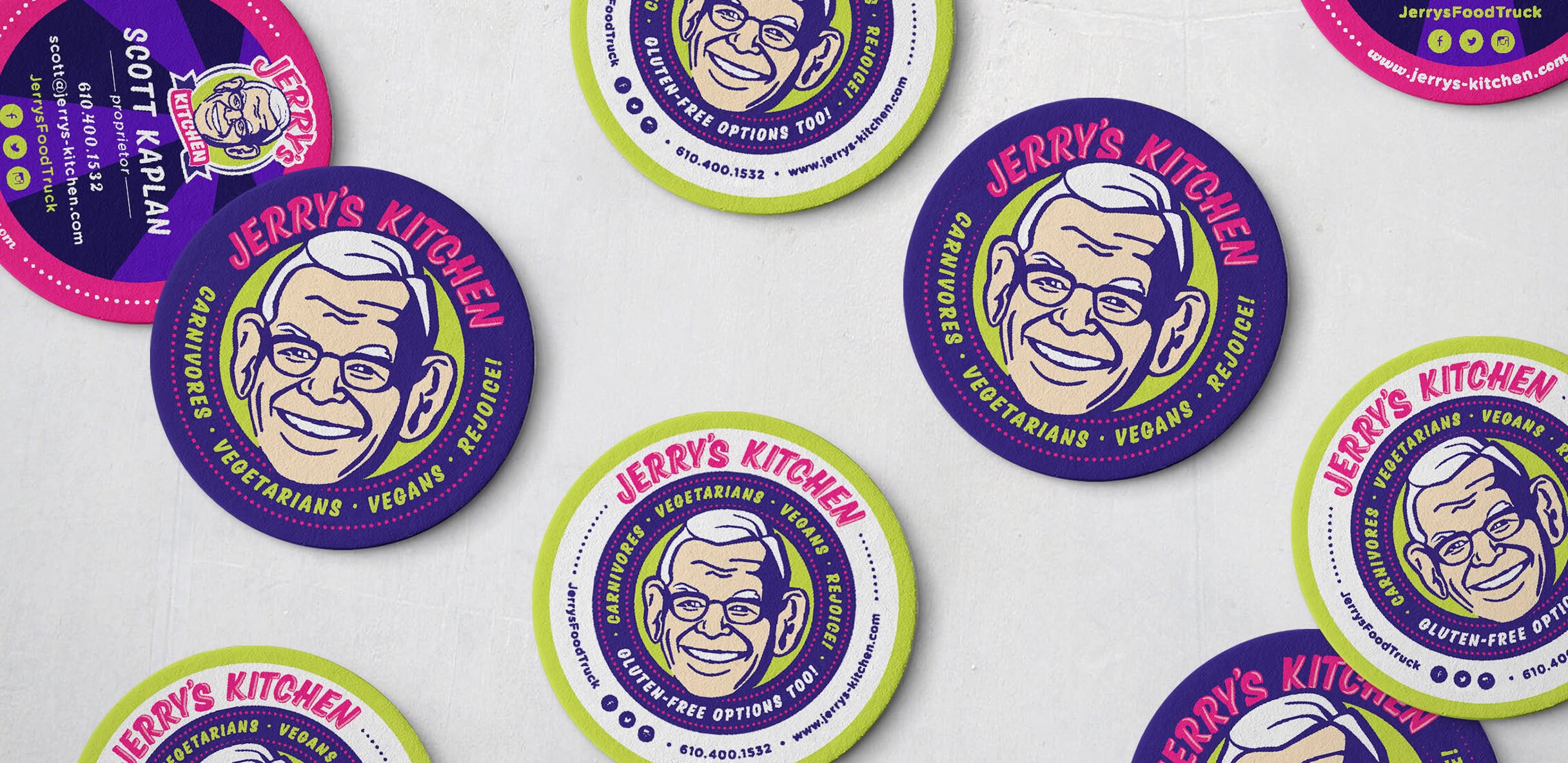 Colorful coasters feature a cheerful illustrated face with glasses and "Jerry’s Kitchen" text. Keywords highlight dietary inclusivity. Bright, welcoming design.