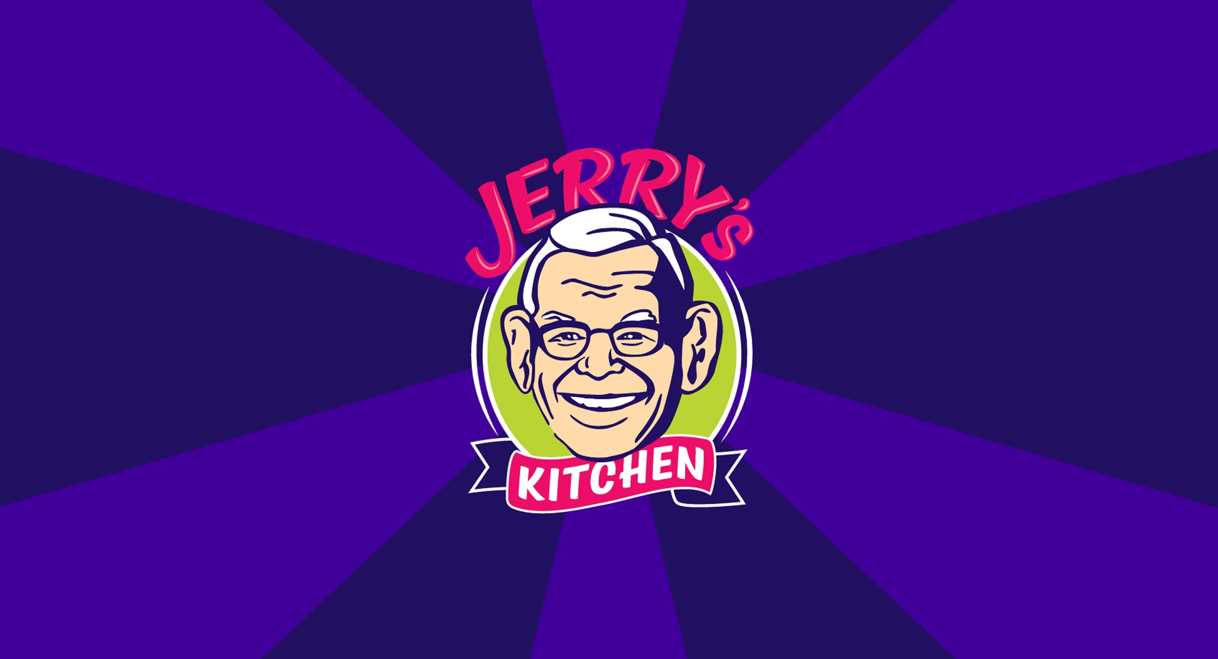 Jerry's Kitchen logo featuring a smiling man's face in a circle with "Jerry's" in bright pink above and"Kitchen" in white on a bright pink banner below. The logo sits on a purple striped background.