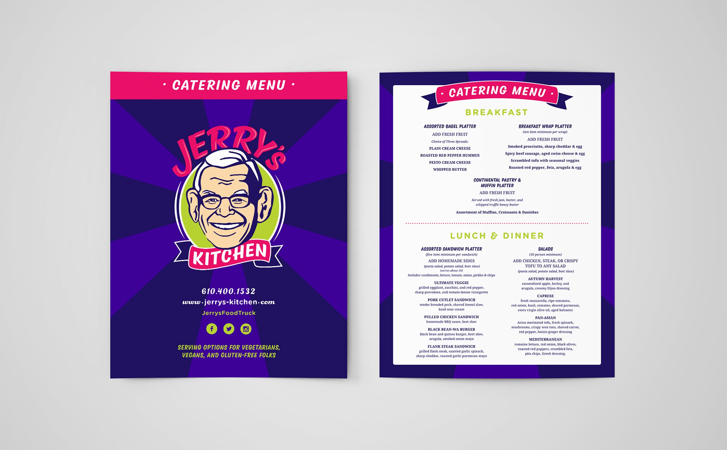 A vibrant catering menu with a bold design. The left side features "Jerry's Kitchen" logo with a smiling face. The right side lists breakfast, lunch, and dinner options. Bright colors convey a cheerful tone.