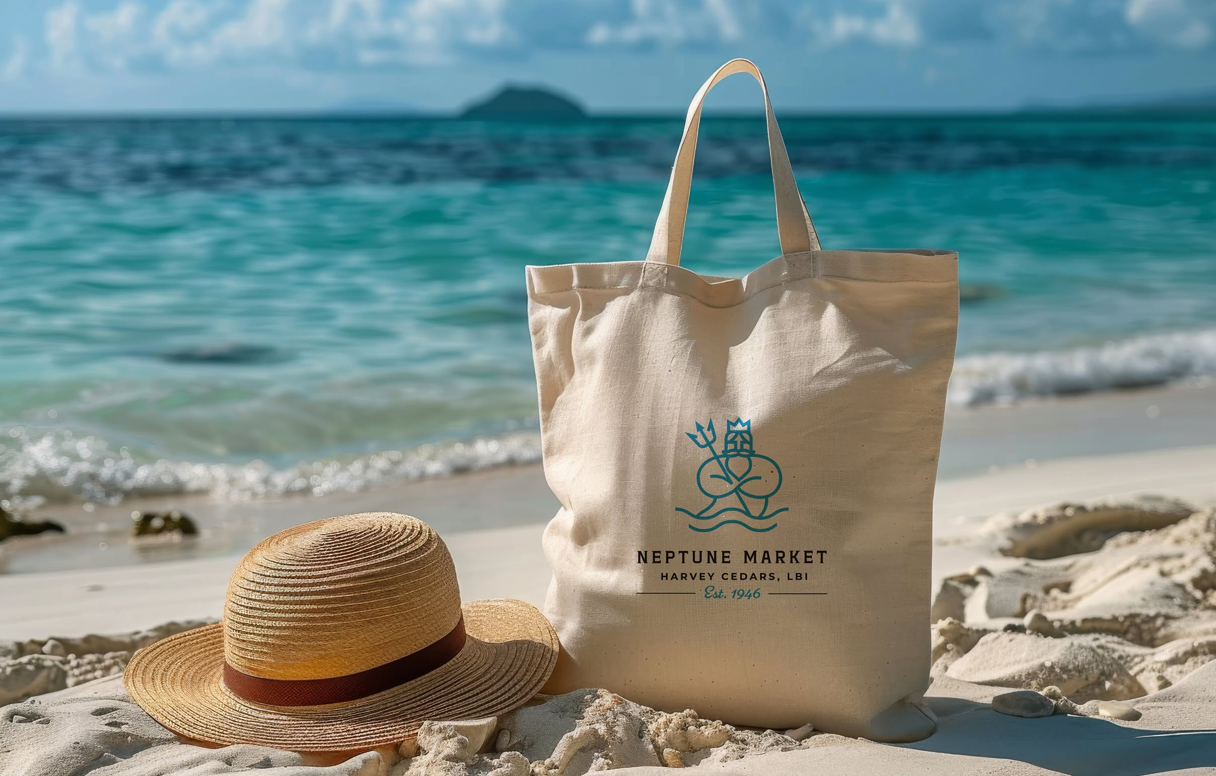 NeptuneMarket-BeachBag Beige tote with a "Neptune Market" logo sits on sandy beach beside a straw hat. Calm turquoise sea and blue sky set a peaceful, sunny tone.