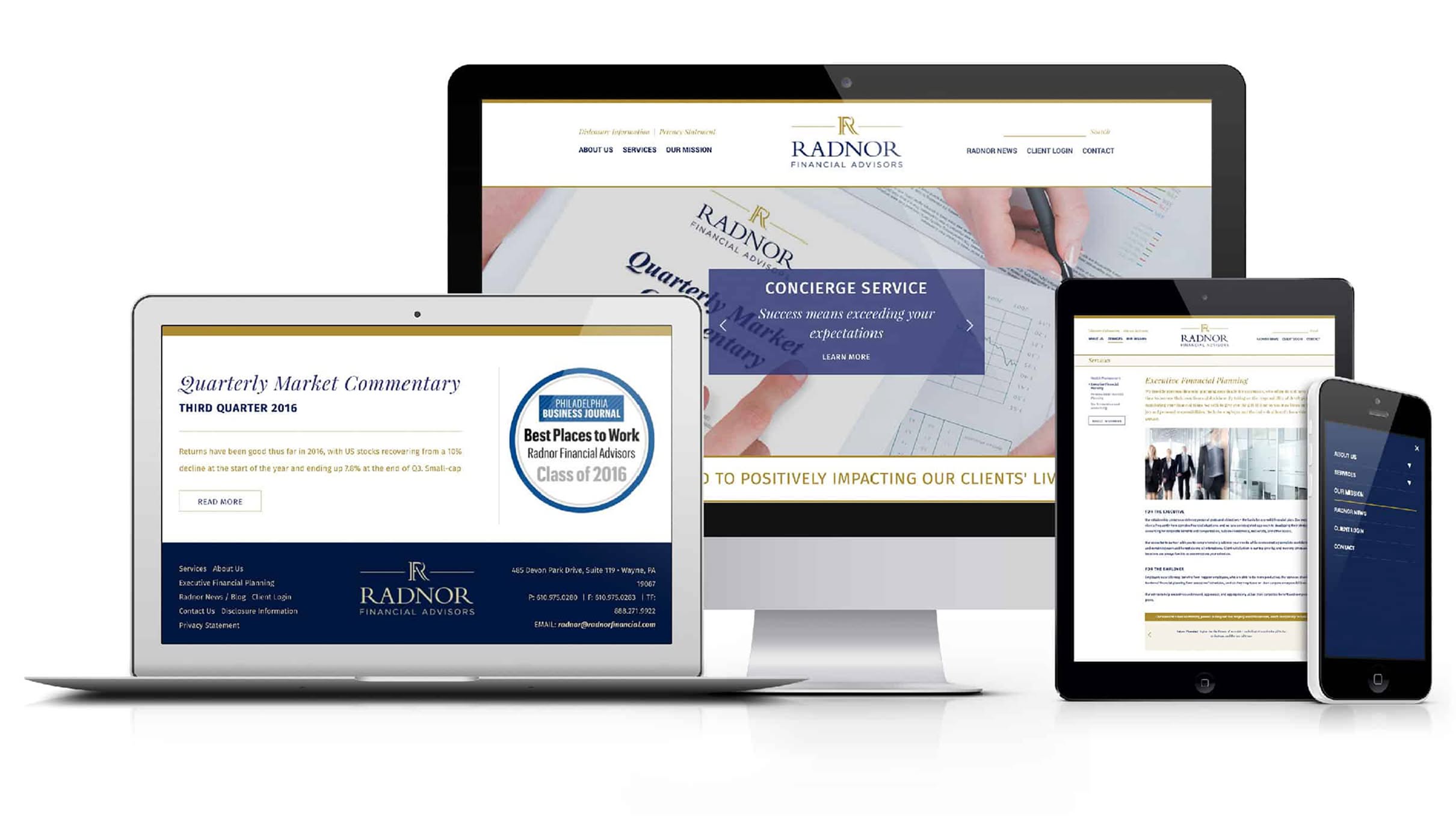 Responsive website design displayed on laptop, desktop, tablet, and smartphone screens, showing Radnor Financial Advisors' branding and services.