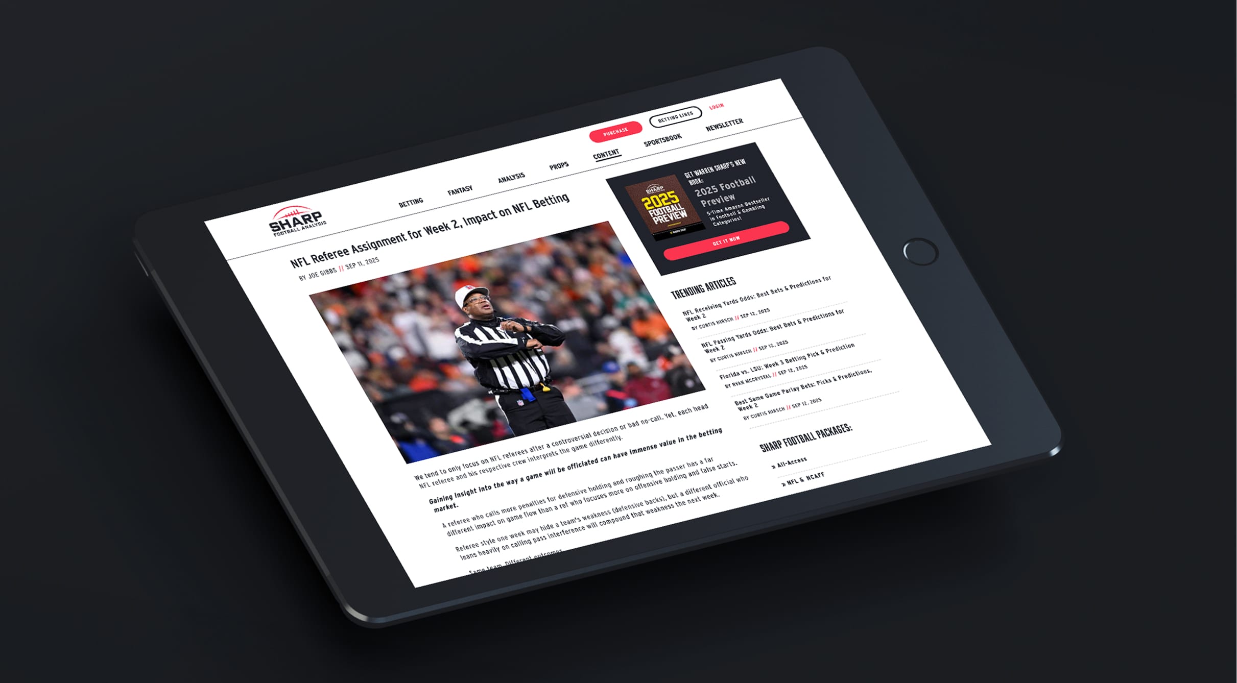 A tablet displaying an article on NFL referee assignments, featuring an image of a referee on the field. The webpage has a clean design, and the mood is professional.