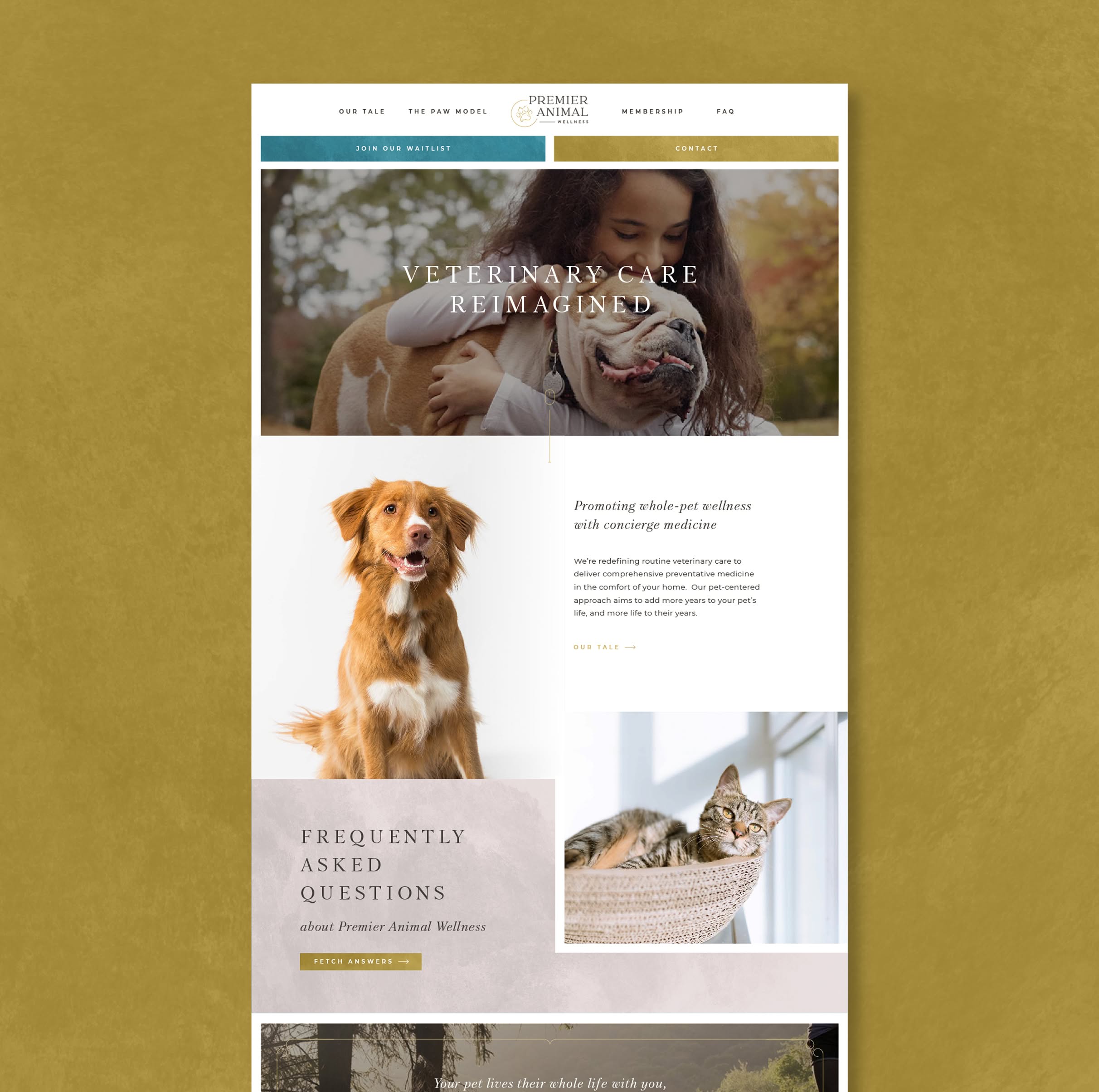 PAW-Homepage Premier Animal Wellness homepage showcasing caring pet images. Top shows a girl hugging a Bulldog, text reads 'Veterinary Care Reimagined'. Below, a happy orange dog and a cat lounging in a basket illustrate pet wellness focus. Calm, inviting tone.
