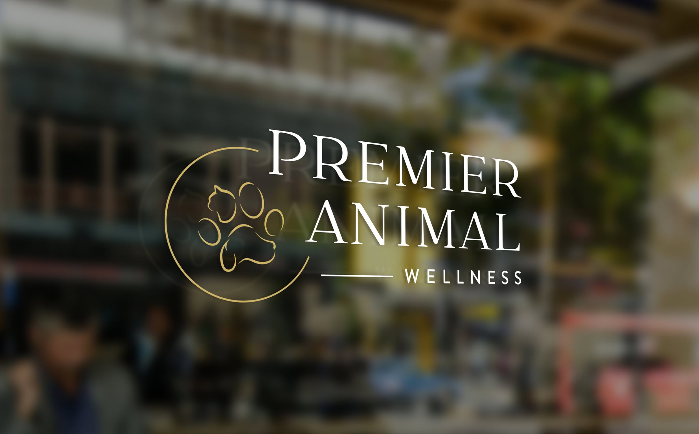 PAW-Window Logo for Premier Animal Wellness on glass window, featuring a gold paw print and elegant text. Background shows a blurred urban setting, conveying sophistication.