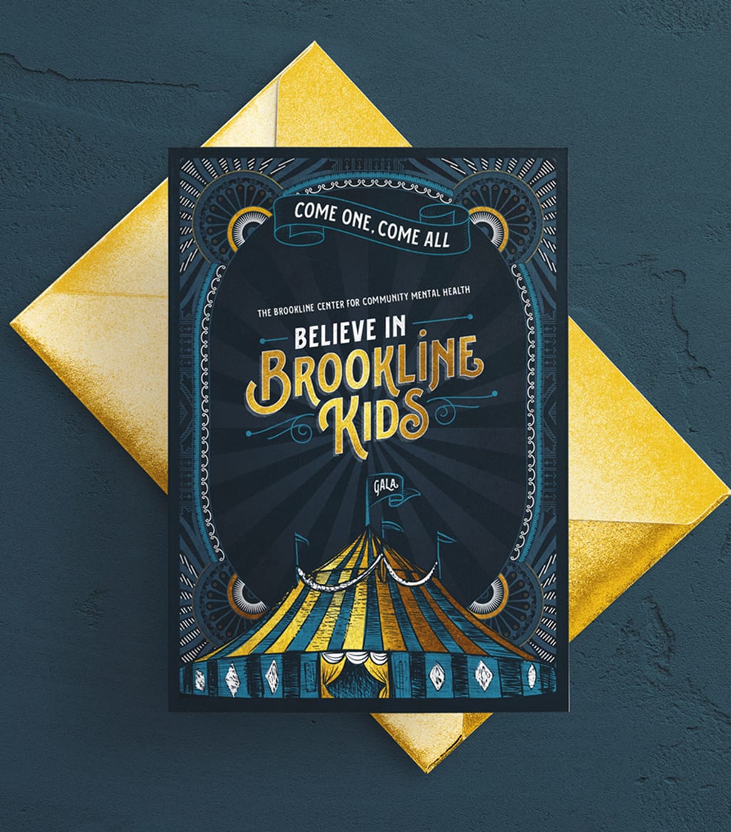BIBK-Invitation-Blue A blue and gold circus-themed invitation with "Believe in Brookline Kids" text. Features a circus tent and the phrase "Come One, Come All" on a dark background with an ornate border.