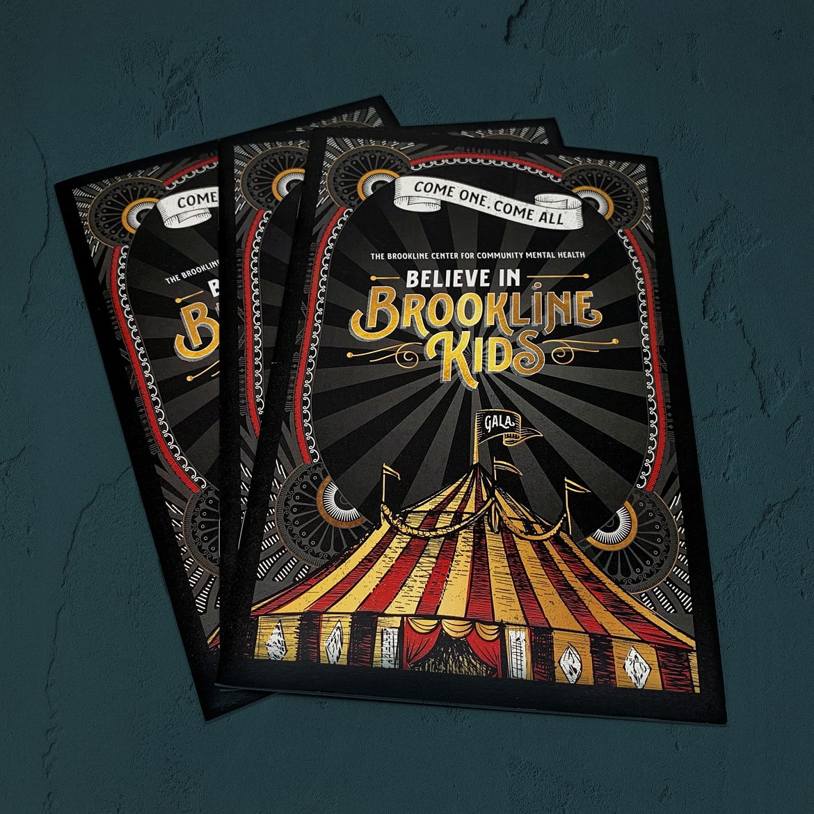BIBK-Invitation-Red Vintage-style ornate border surround a circus-themed invitation with a red and gold circus tent, saying “Believe in Brookline Kids.”