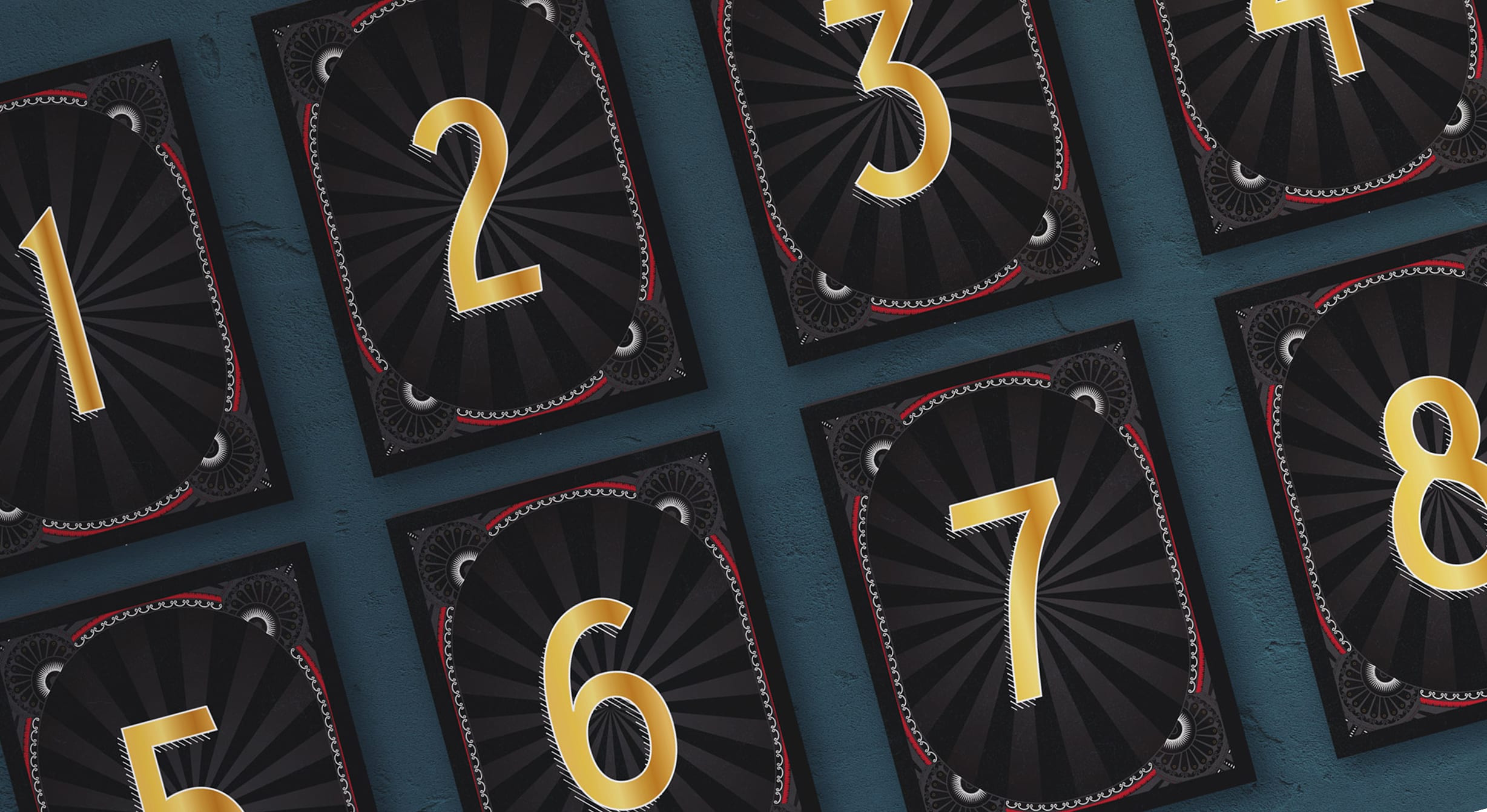 BIBK-TableNumbers A series of table numbers with bold golden numbers 1 to 8 on a dark, fan-like patterned background. Red accents and ornate corners add an elegant touch.