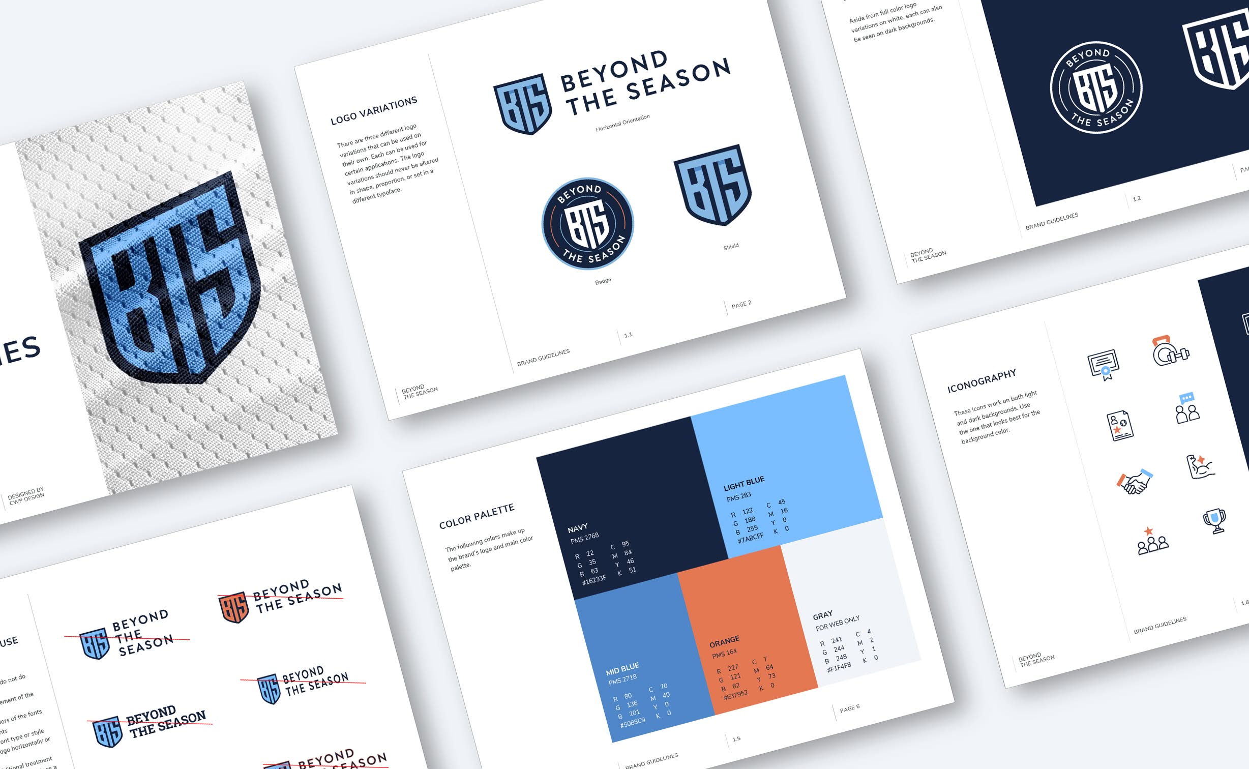 BTS-BrandGuidelines Pages from the Beyond The Season brand guidelines showcases brand elements including logo variations, color palette, typography, and icons. Clean, modern aesthetic.