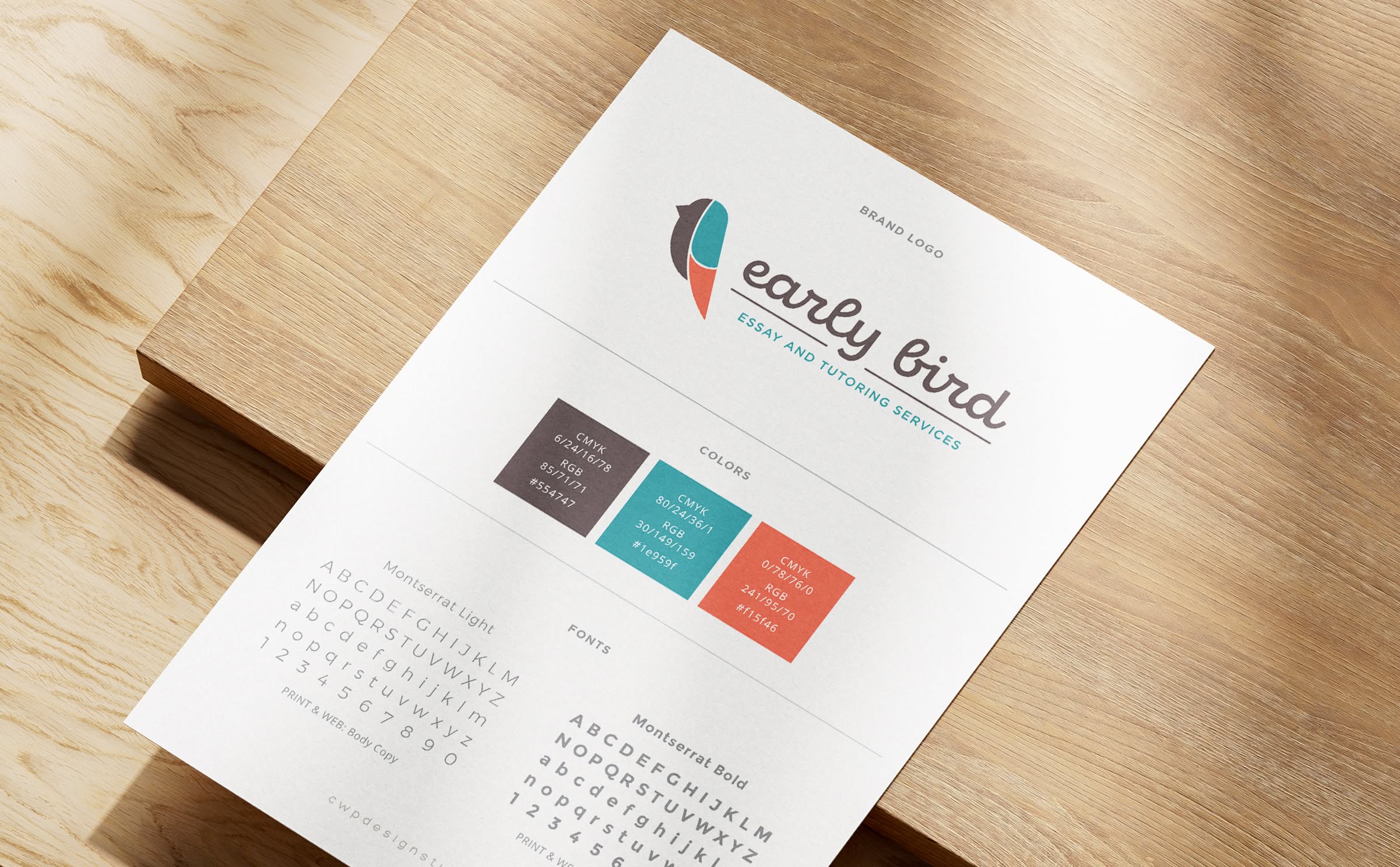 EarlyBird-StyleGuide Style guide on a wooden table, showcasing the logo for Early Bird Tutoring. Includes color swatches and font styles in a modern design.