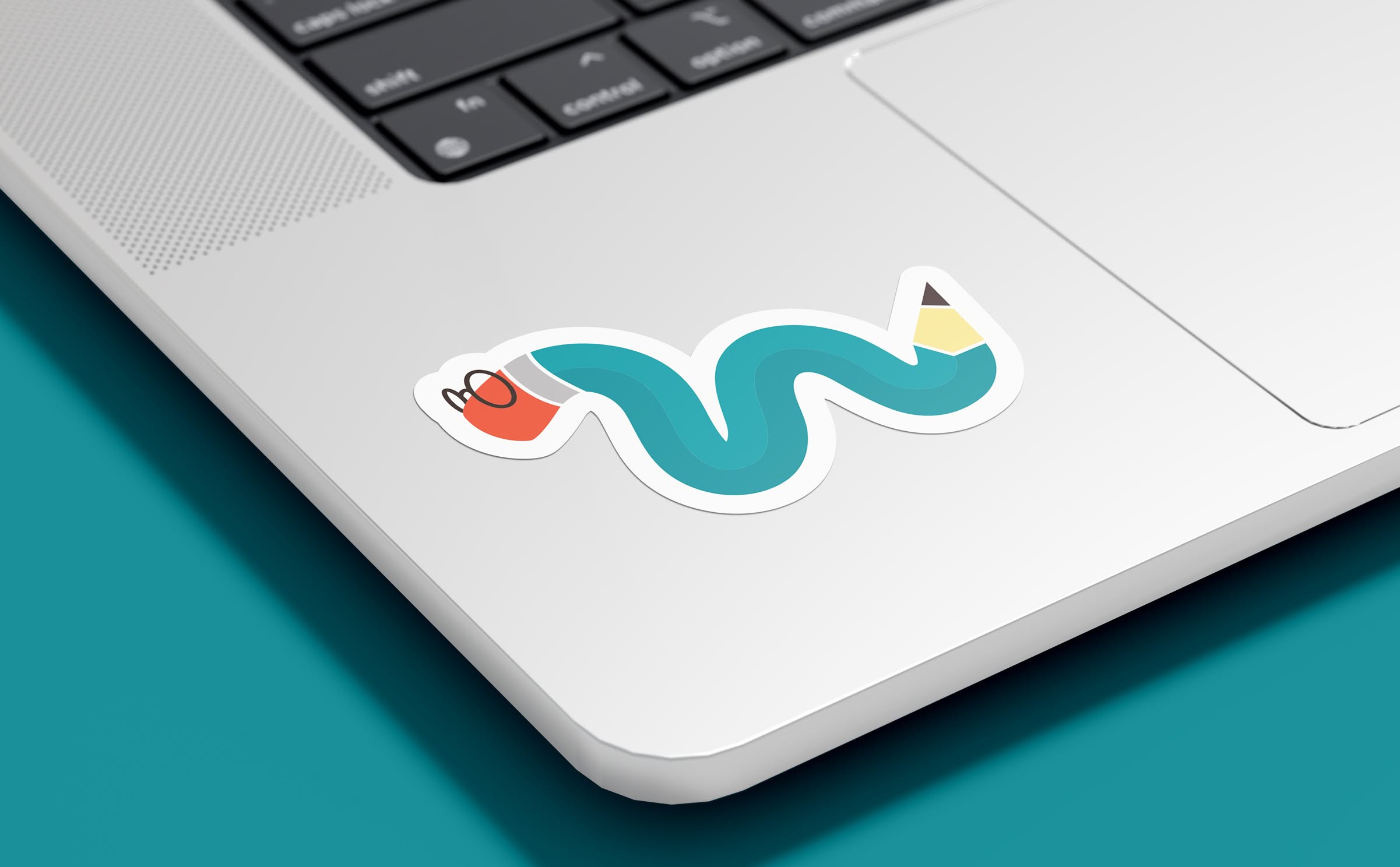 EarlyBird-WormSticker A sticker of a squiggly illustrated pencil character with glasses implying the character is a worm. The sticker sits on top of a silver laptop, and the background is teal, creating a playful, modern vibe.