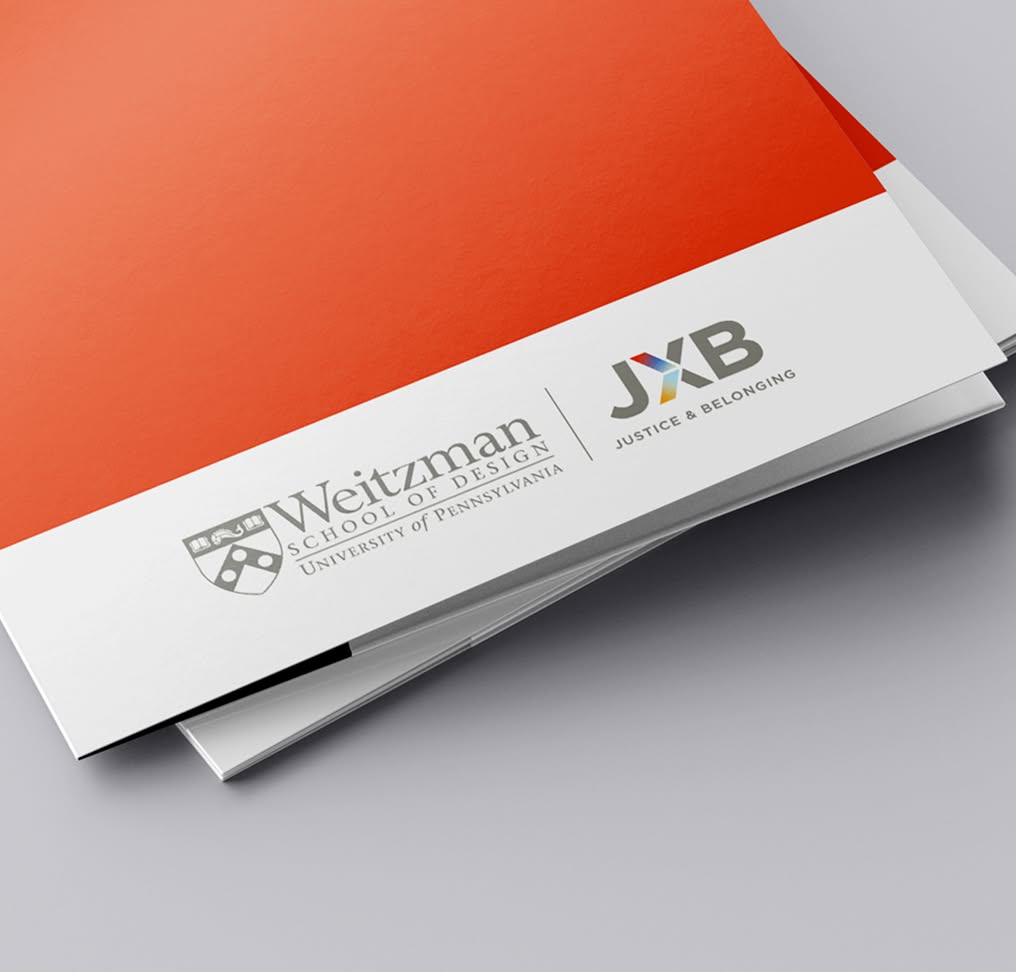 JXB-Folder Red and white folder with logos of the Weitzman School of Design and JXB Justice & Belonging. Professional and academic design theme.