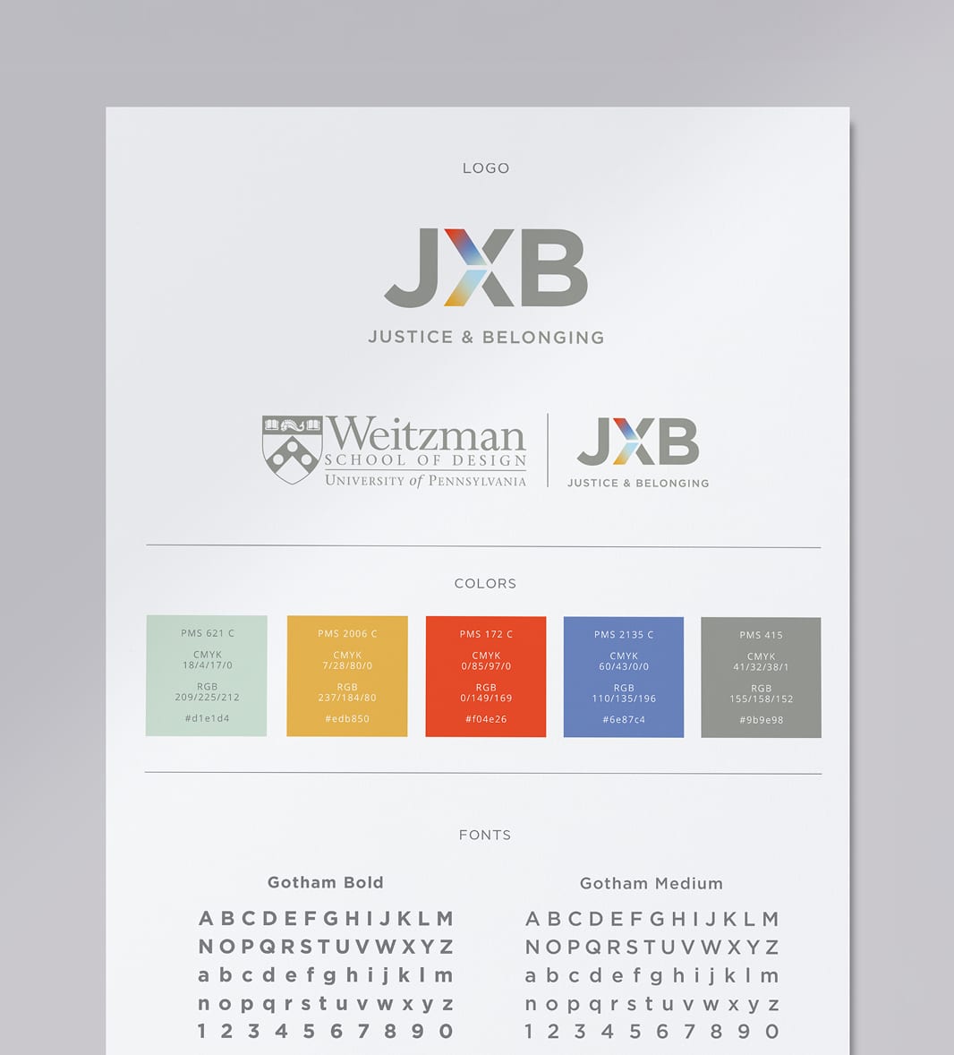 JXB-StyleGuide Branding guideline document featuring the "JXB Justice & Belonging" logo, color swatches, and Gotham Bold and Medium fonts. Refined and professional tone.
