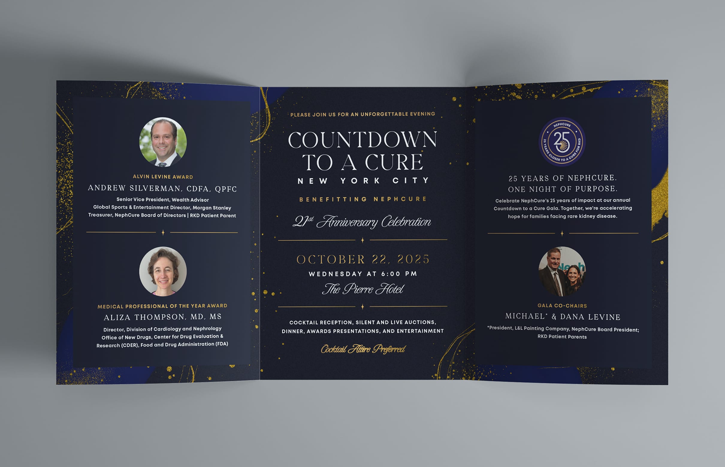 NephCure-CDTAC-InvitationOpen Trifold event invitation for "Countdown to a Cure" in New York. Elegant dark blue with gold accents. Features honoree names, date, and venue details.