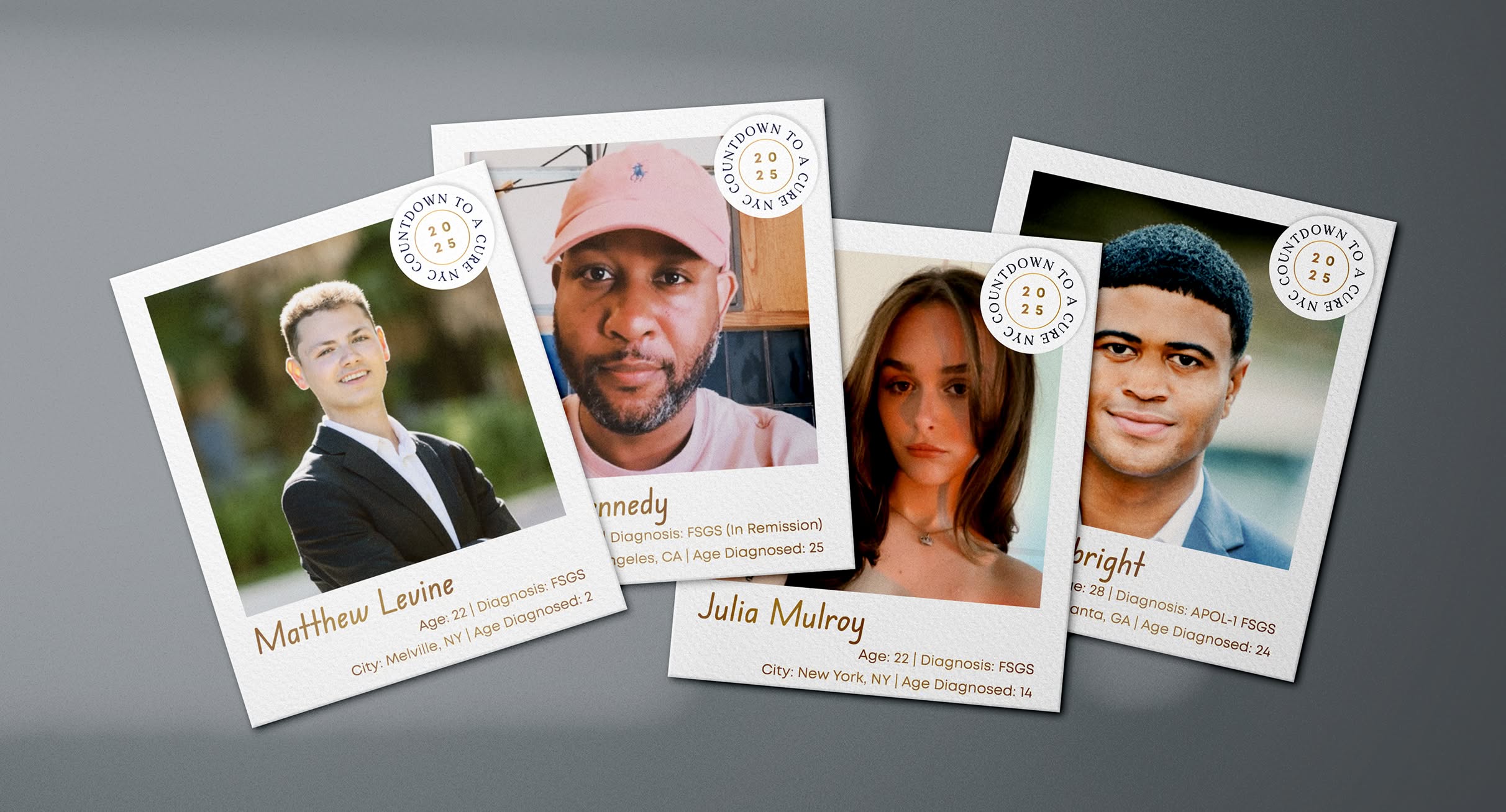 NephCure-CDTAC-Polaroids Four Polaroid-style portraits feature young adults with a name, age, and diagnosis. Each has a "Countdown to a Cure NYC" circle emblem.