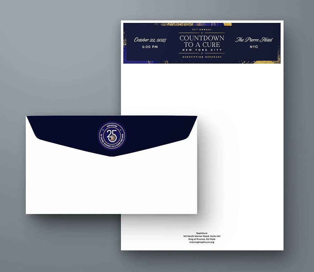 NephCure-CDTAC-Stationery Letterhead with event details and Countdown to a Cure logo in dark blue and gold, paired with a matching envelope.