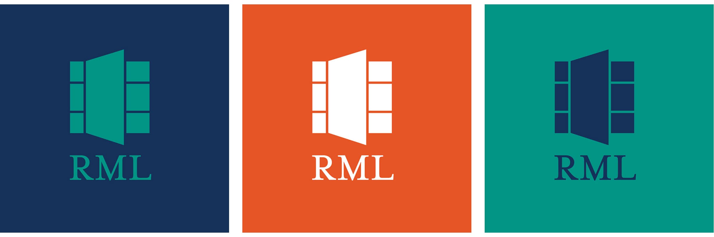 RML-Logos The logo for Radnor Memorial Library featured on a blue, orange, and green background. Each logo has 2 stylized rectangles with "RML" below.