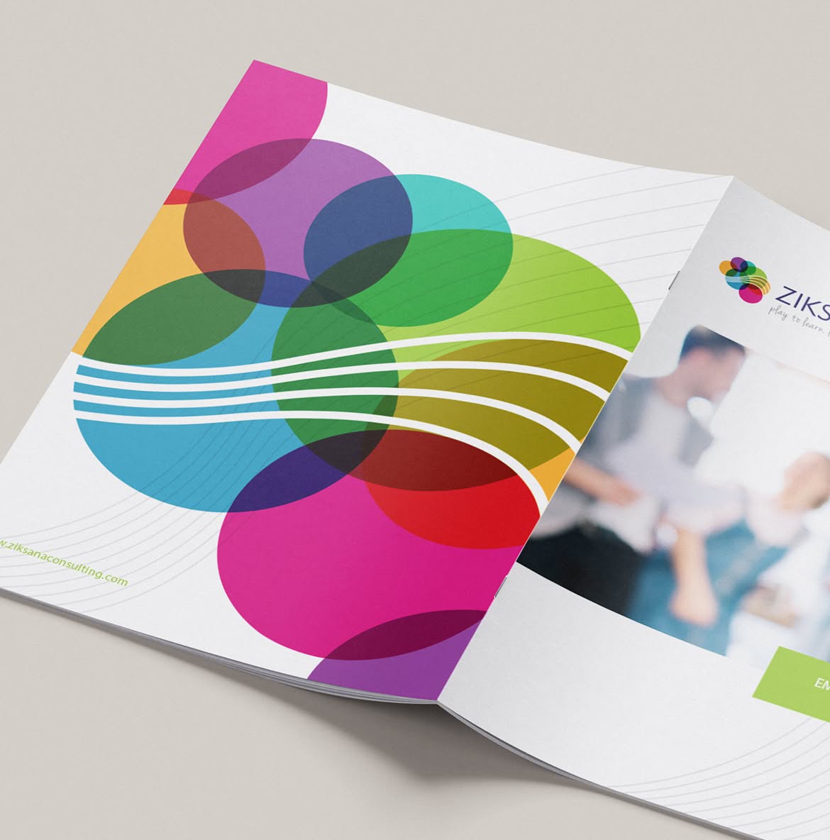 Ziksana-BookletBack Open brochure with vibrant overlapping circles in pink, green, blue, and yellow on the left. Right side shows blurred image of people with the Ziksana logo.