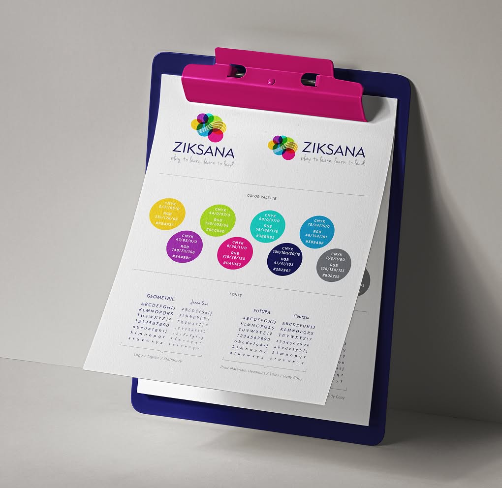 Ziksana-StyleGuide A blue clipboard holds the style guide for Ziksana. The guide features logo variations, colorful circles showing a color palette, and text in different fonts. Professional and vibrant.