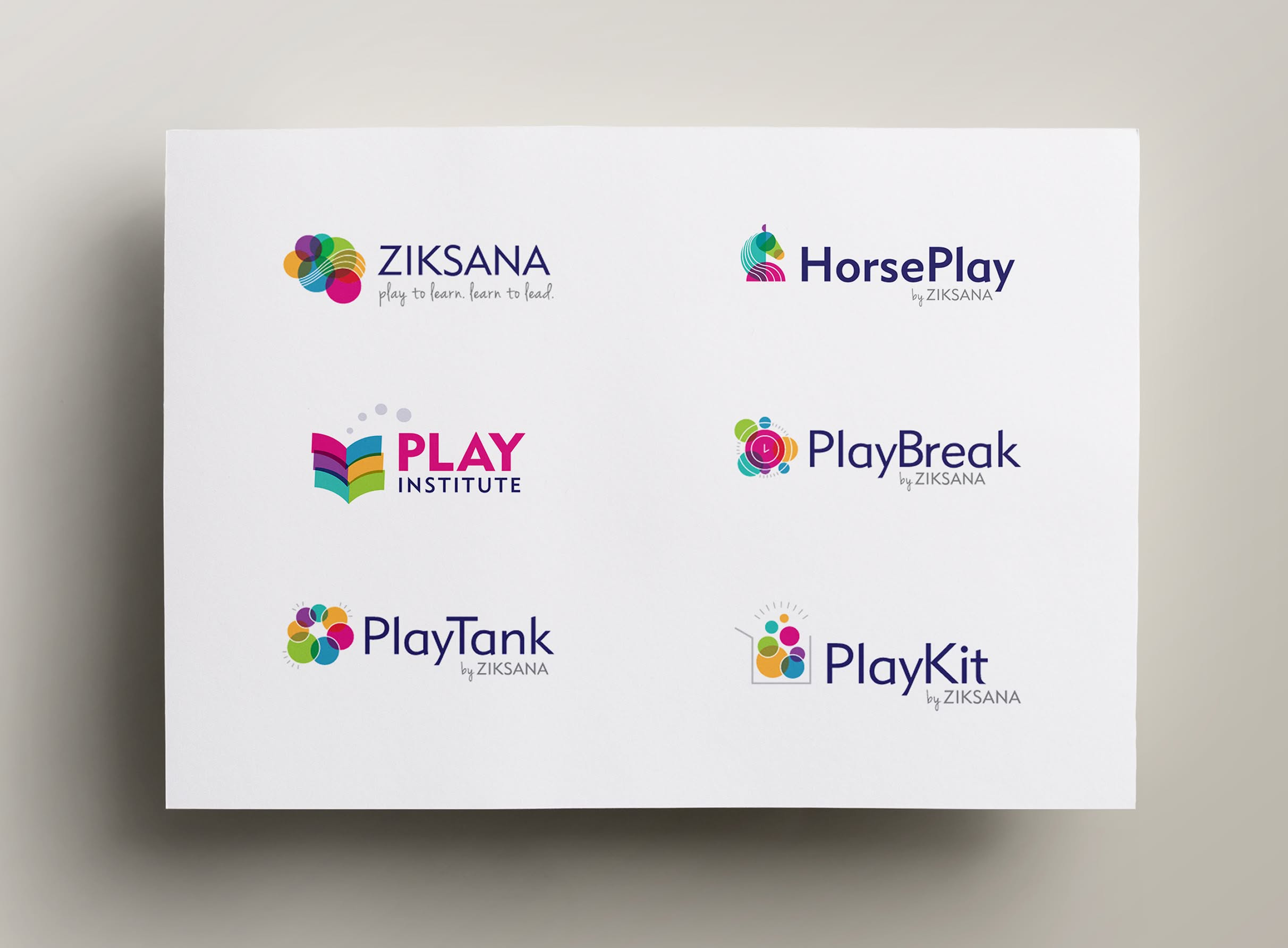 Ziksana-SubLogos A collage of six vibrant logos for Ziksana's playful brands on a white background. Each logo combines colorful graphics with playful text, conveying creativity.