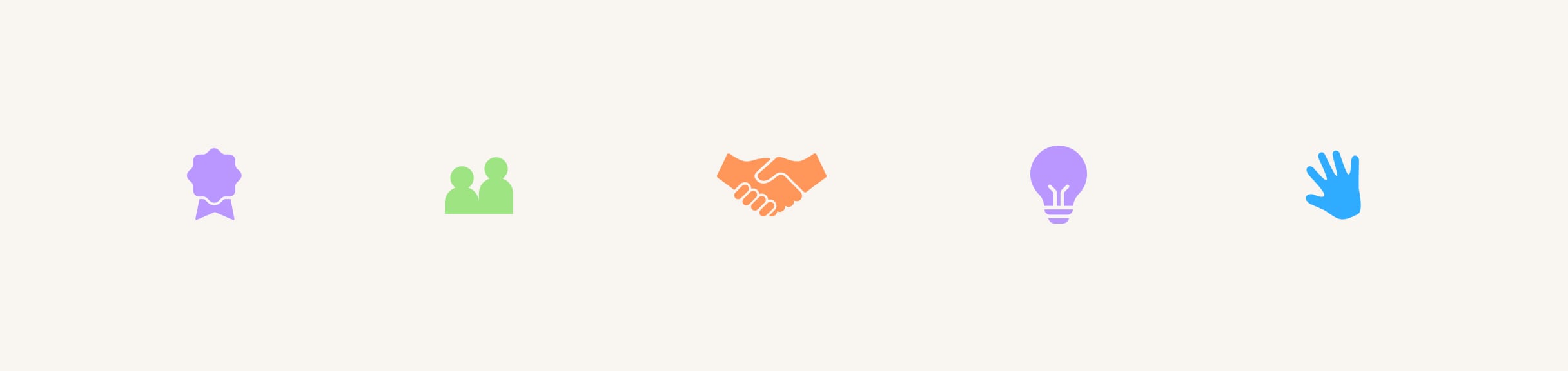 Five colorful icons on a light background: purple ribbon, green people, orange handshake, purple light bulb, and blue waving hand.