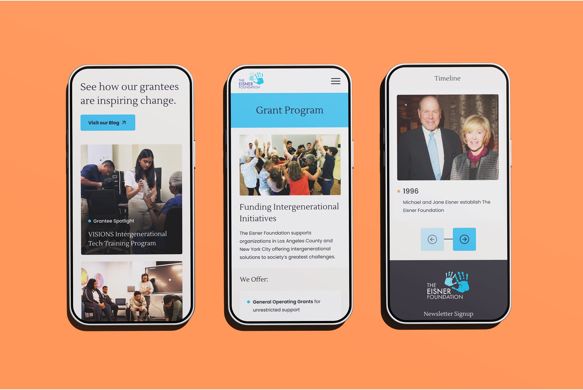 Three smartphones display screens on an orange background, showing a blog, grant program details, and timeline information for The Eisner Foundation.
