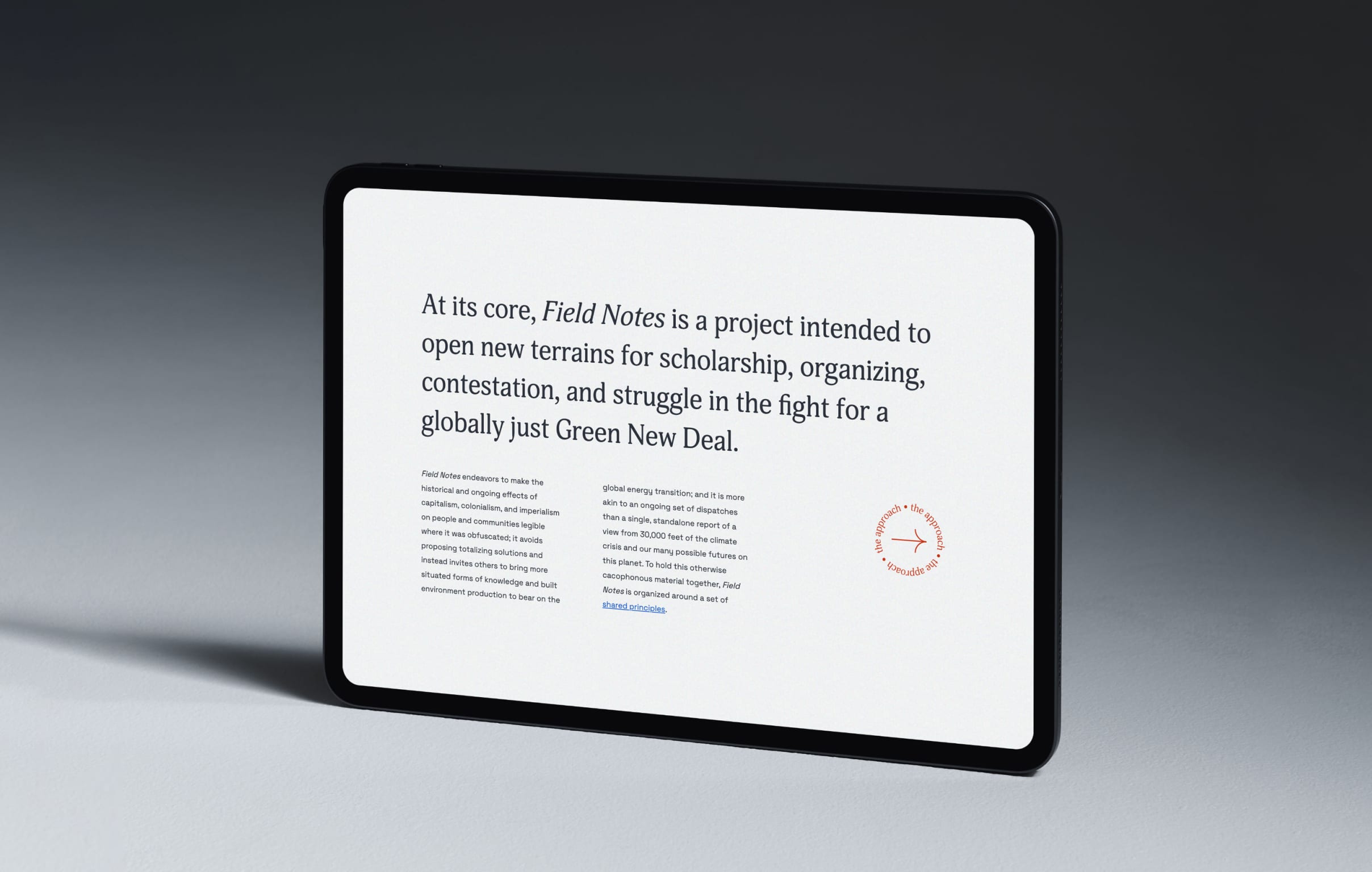 FieldNotes-Approach Tablet displaying text about "Field Notes," a project for promoting scholarship and organizing for a just Green New Deal.
