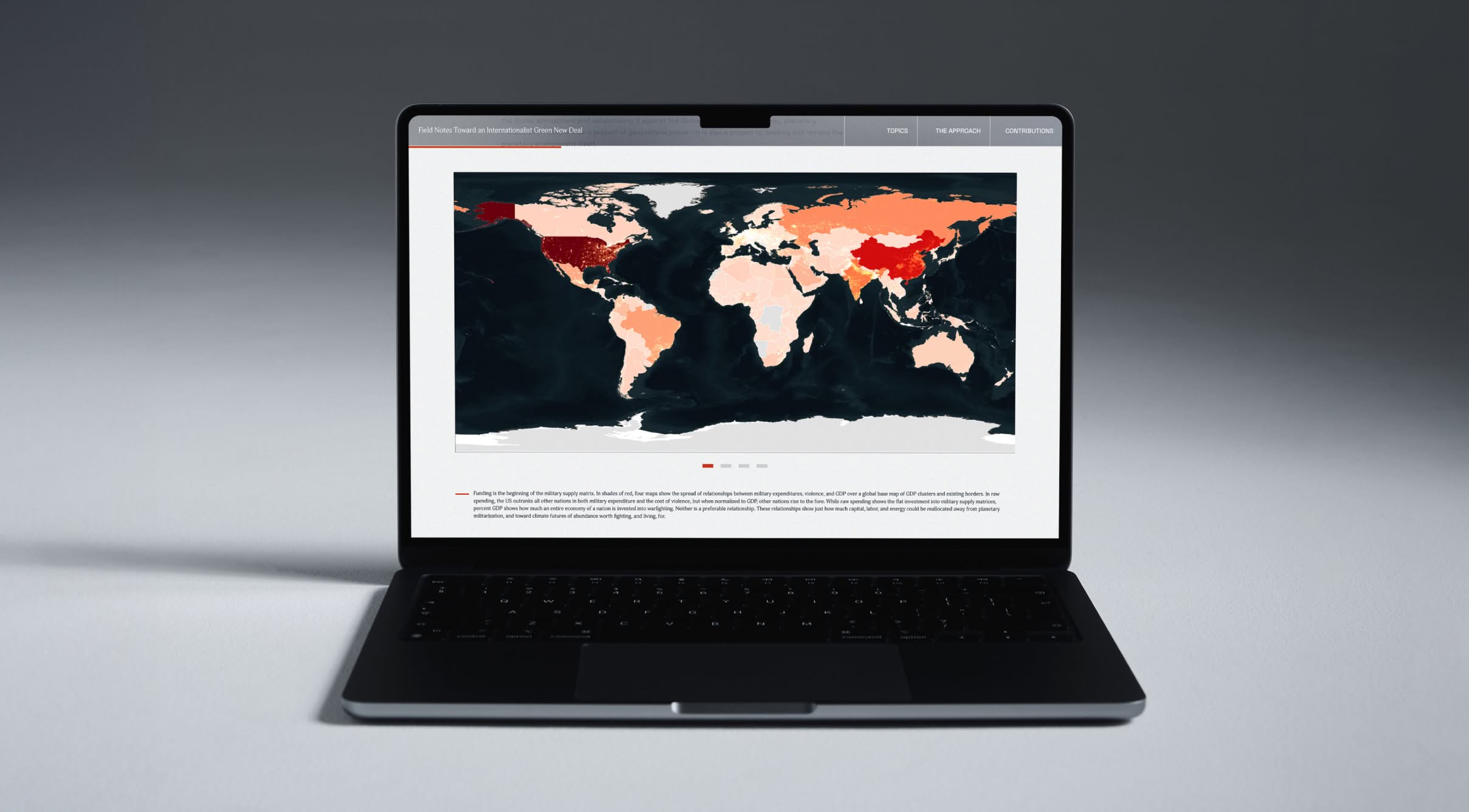 FieldNotes-Project Laptop displaying a page from the Field Notes Toward an Internationalist Green New Deal website featuring a world map with countries shaded in red tones, indicating various data metrics.