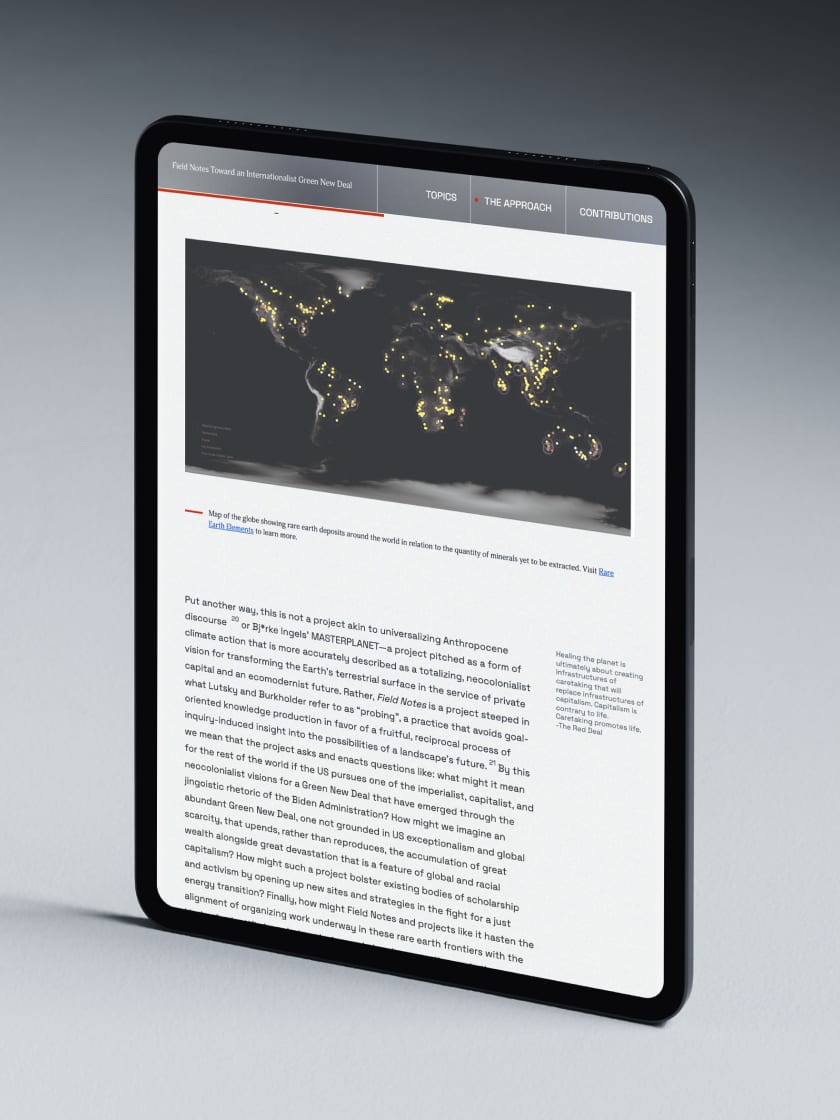 FieldNotes-Tablet Tablet displaying "The Approach" page from the Field Notes Towards an Internationalist Green New Deal website, featuring a world map with yellow highlights and text underneath.